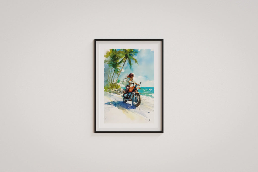 Poster moto BMW Twin aquarelle, motarde sur route des Caraïbes, palmiers et mer turquoise, cadre noir.