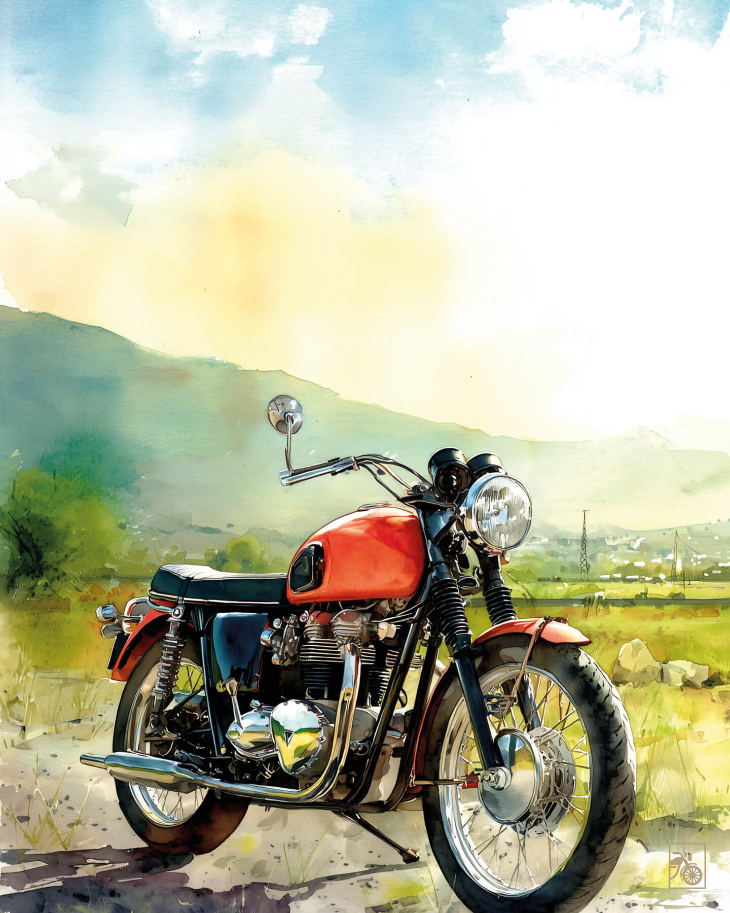 Affiche moto Triumph Bonneville aquarelle route pittoresque