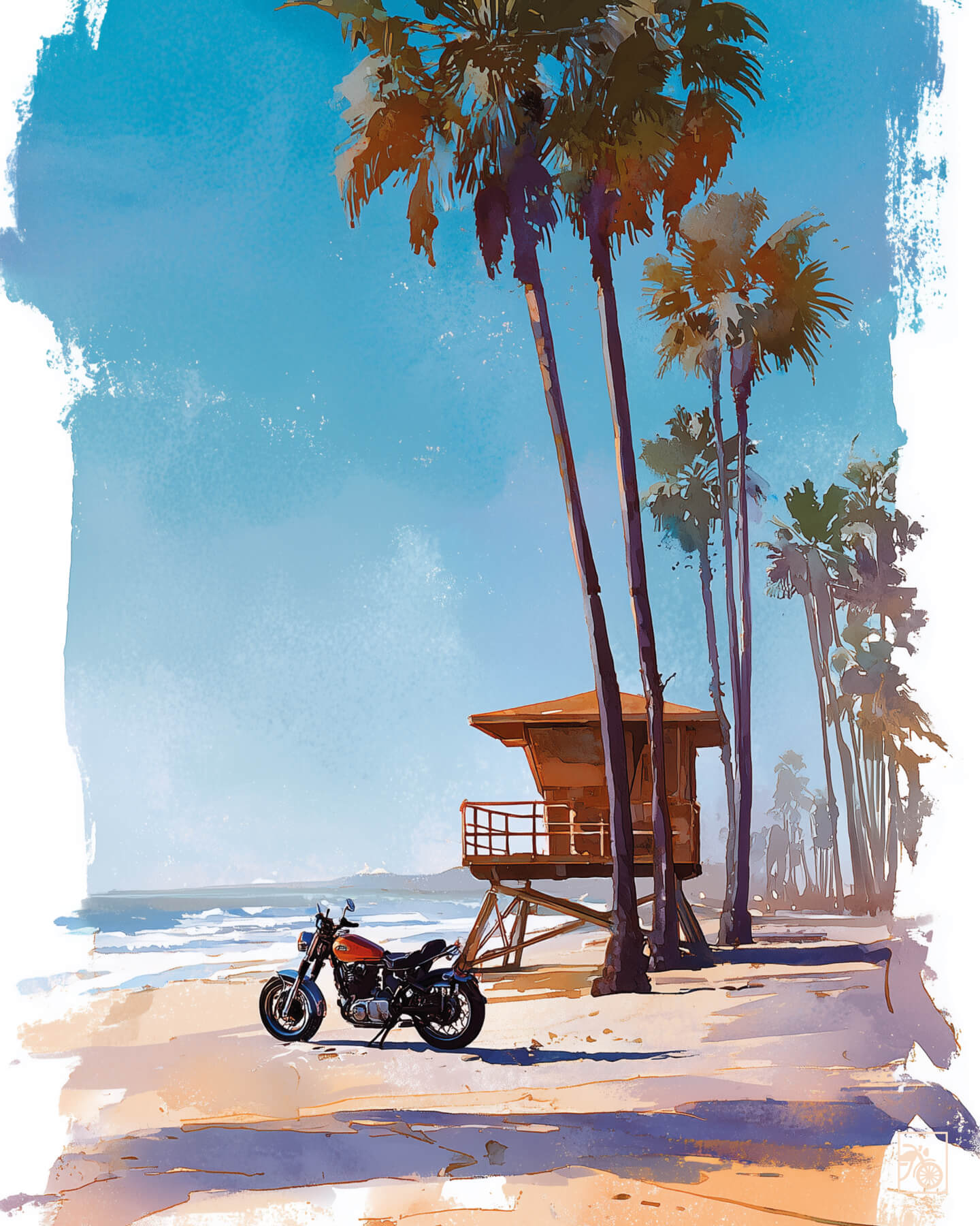 Affiche moto américaine 1960 aquarelle plage Long Beach