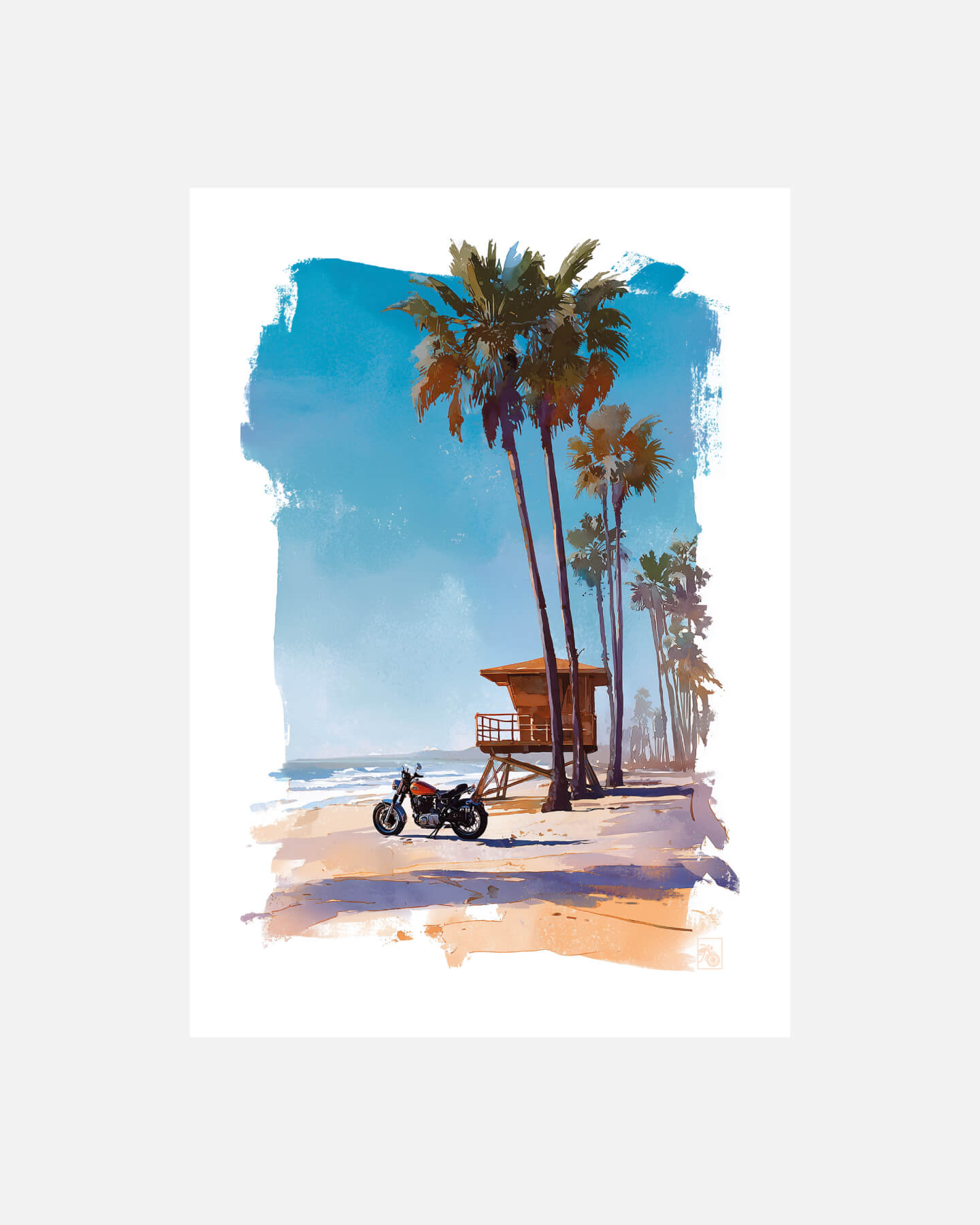 Affiche moto américaine 1960 aquarelle plage Long Beach