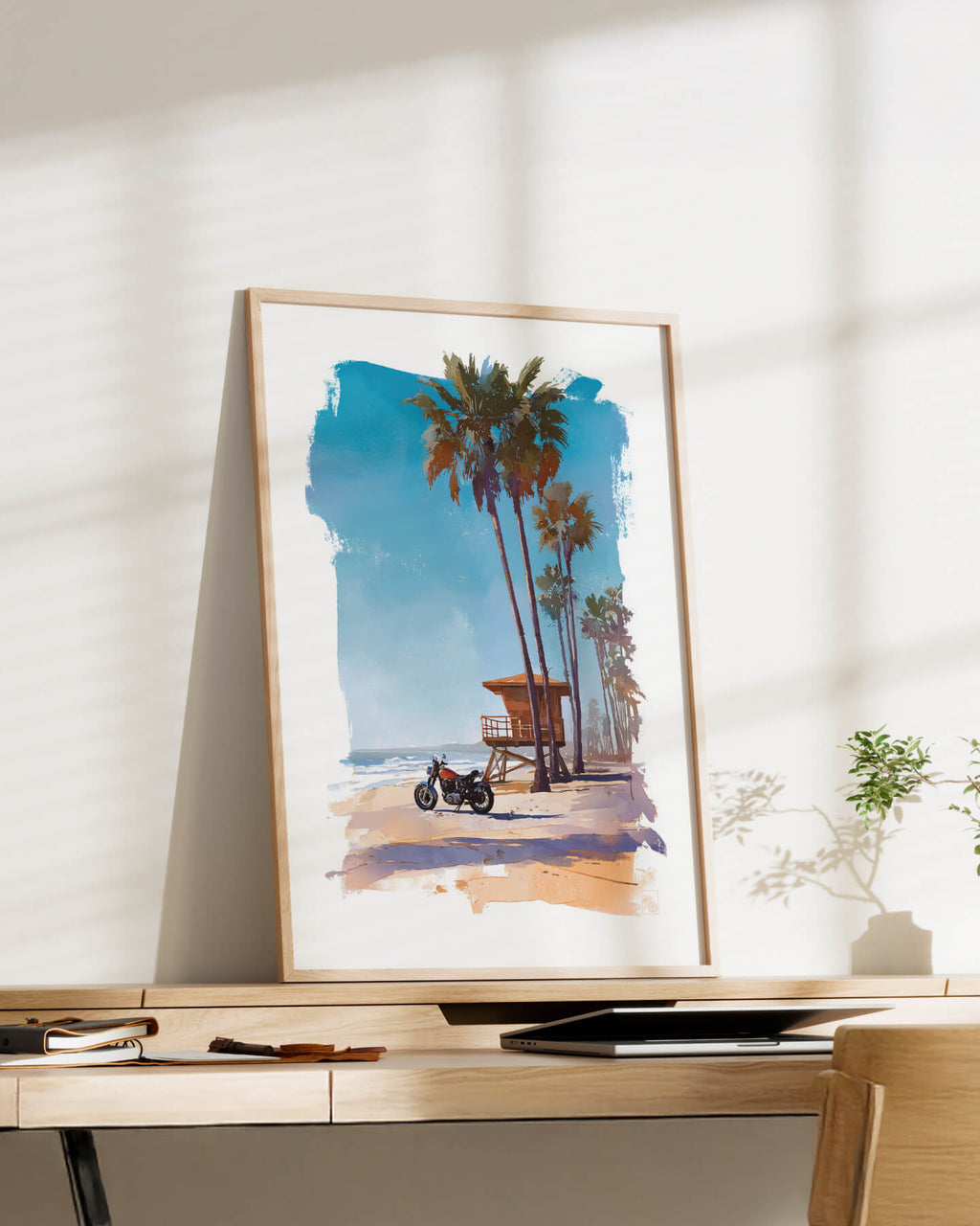 Affiche moto américaine 1960 aquarelle plage Long Beach