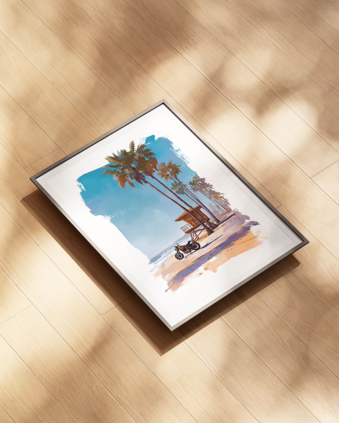 Affiche moto américaine 1960 aquarelle plage Long Beach