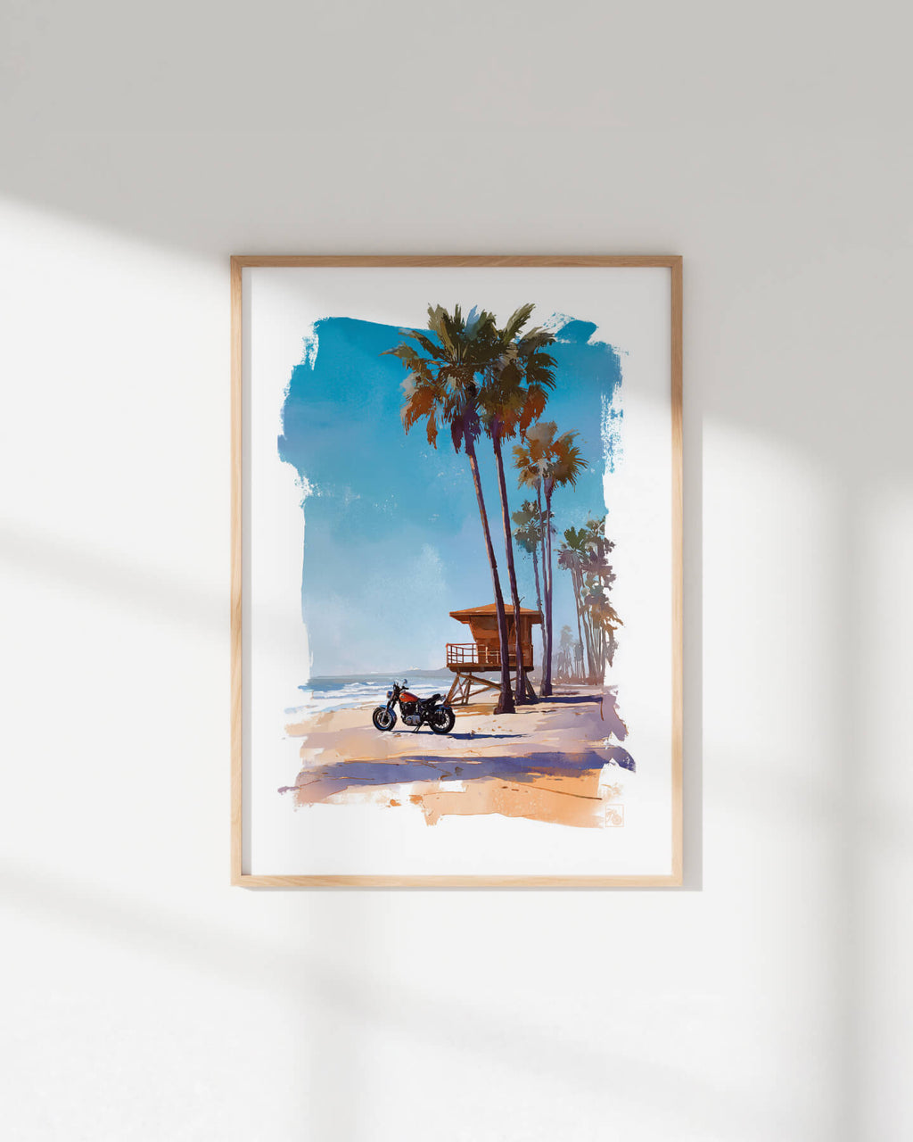 Affiche moto américaine 1960 aquarelle plage Long Beach