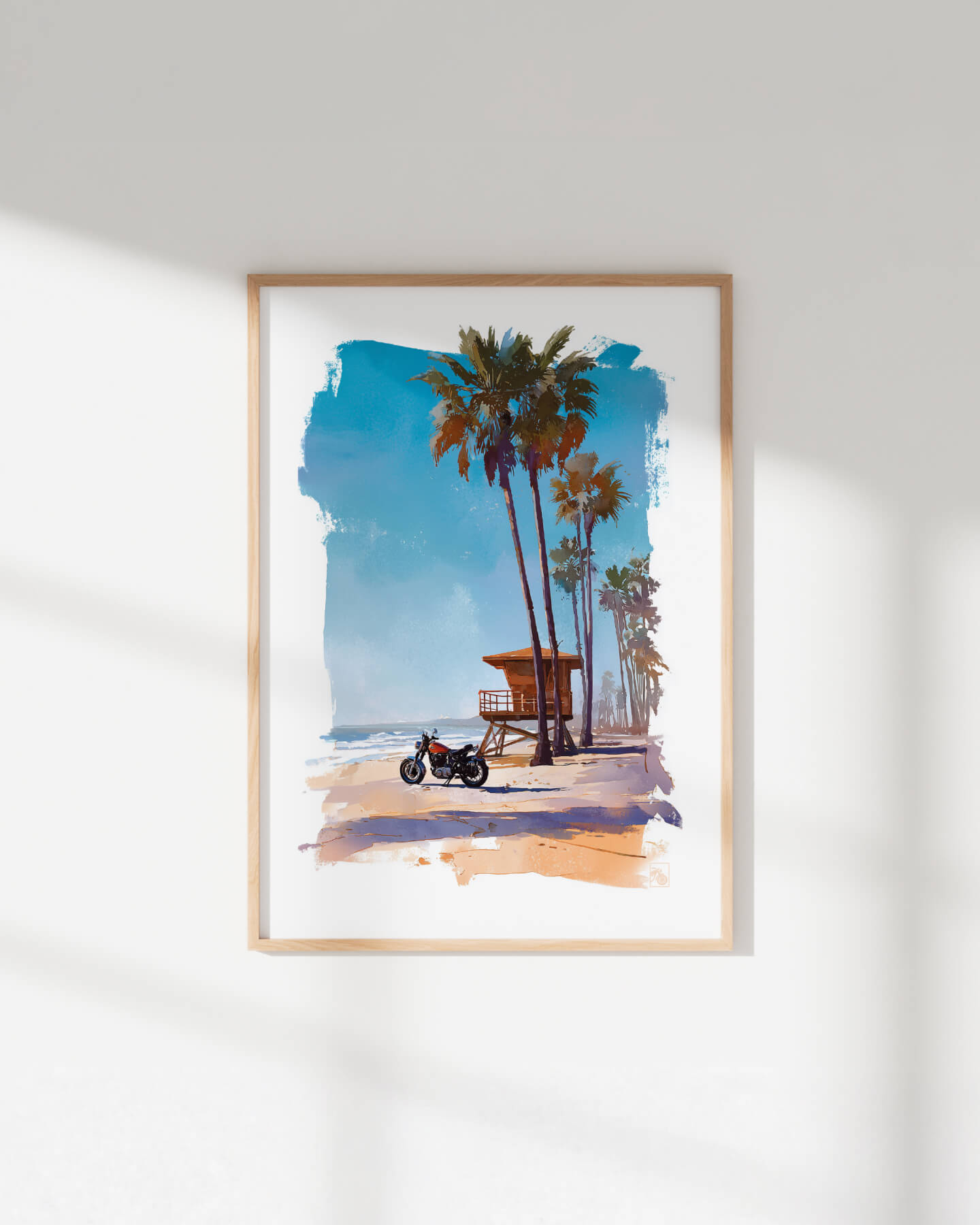 Affiche moto américaine 1960 aquarelle plage Long Beach