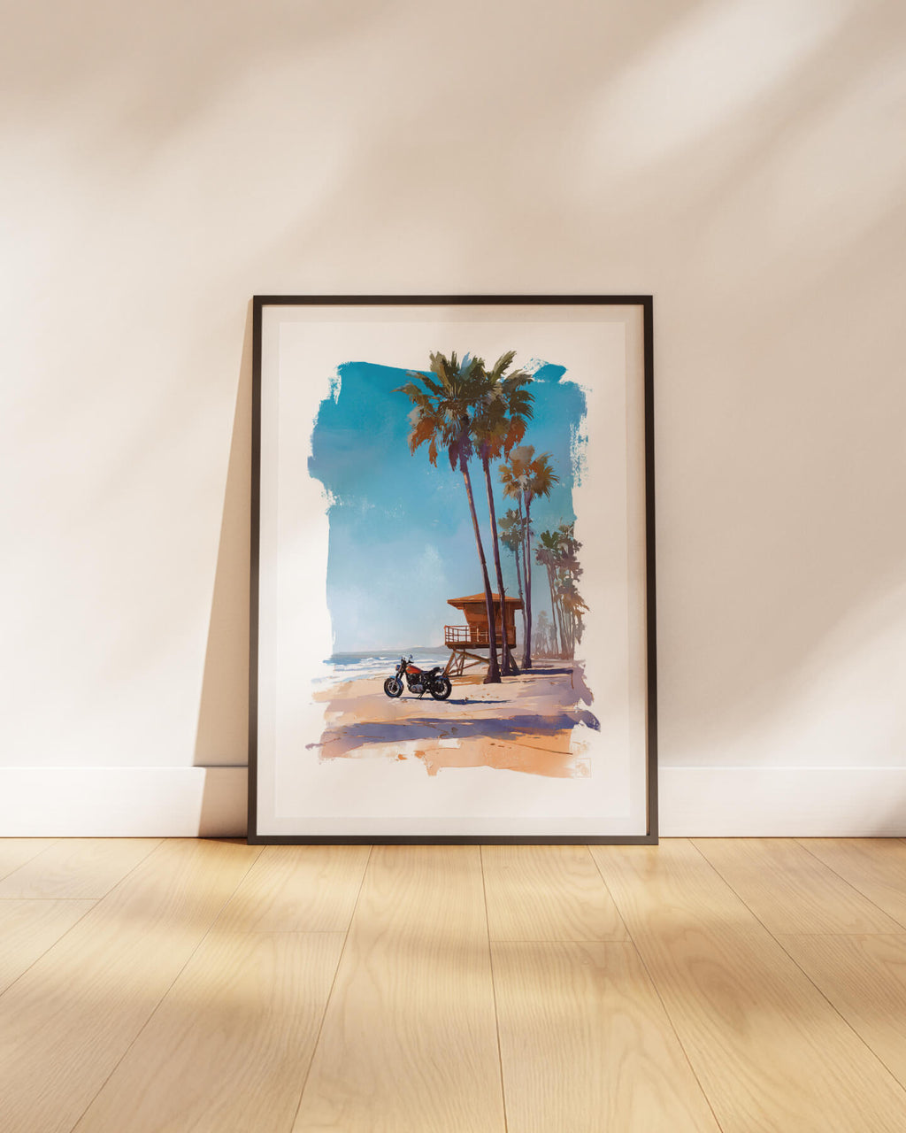 Affiche moto américaine 1960 aquarelle plage Long Beach