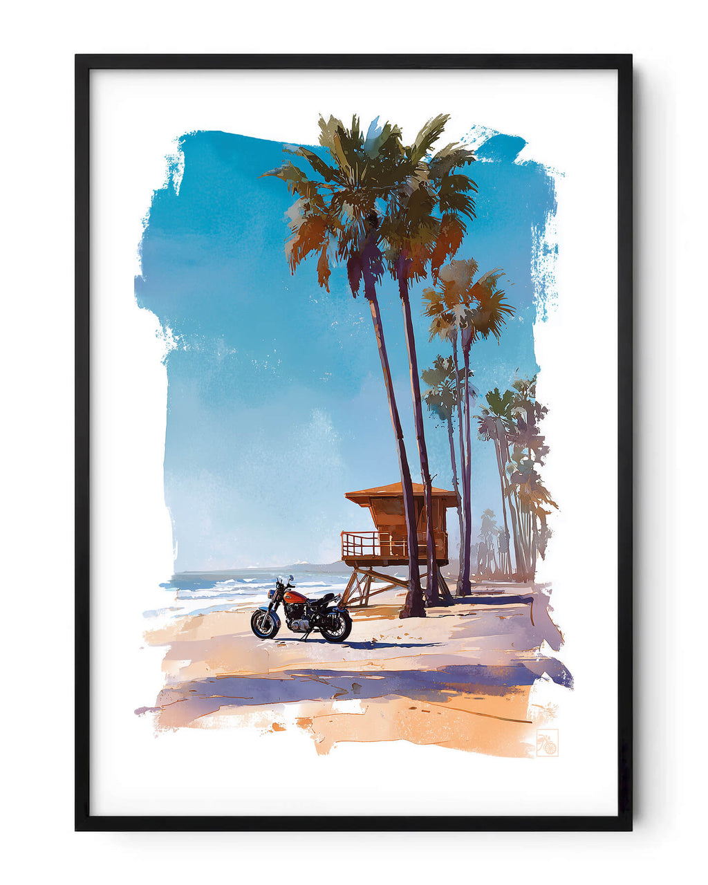 Affiche moto américaine 1960 aquarelle plage Long Beach