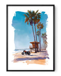 Affiche moto américaine 1960 aquarelle plage Long Beach