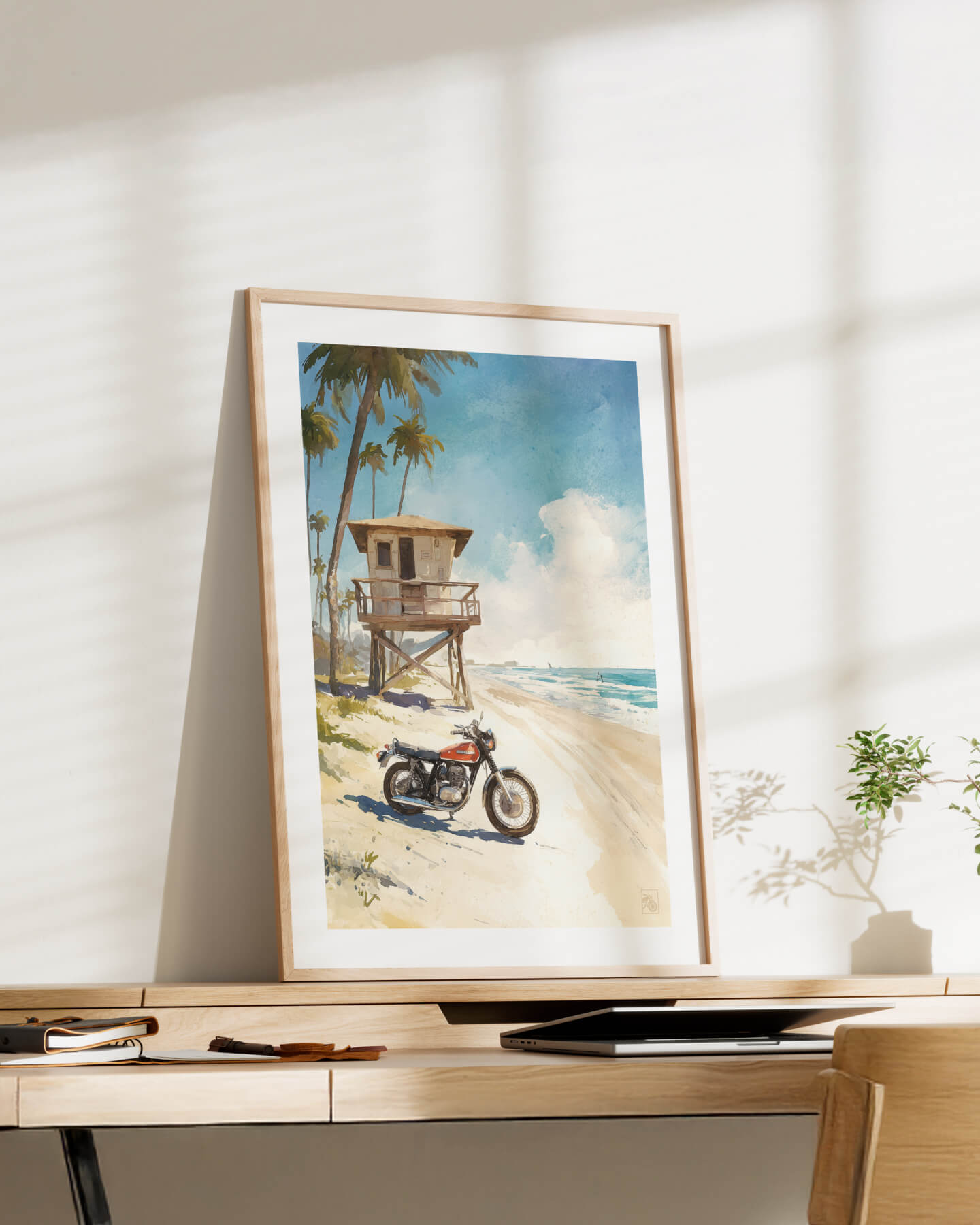 Affiche moto vintage américaine aquarelle plage Long Beach