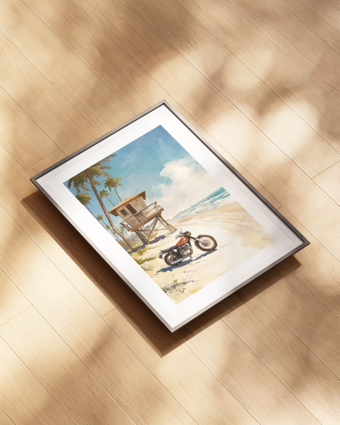 Affiche moto vintage américaine aquarelle plage Long Beach