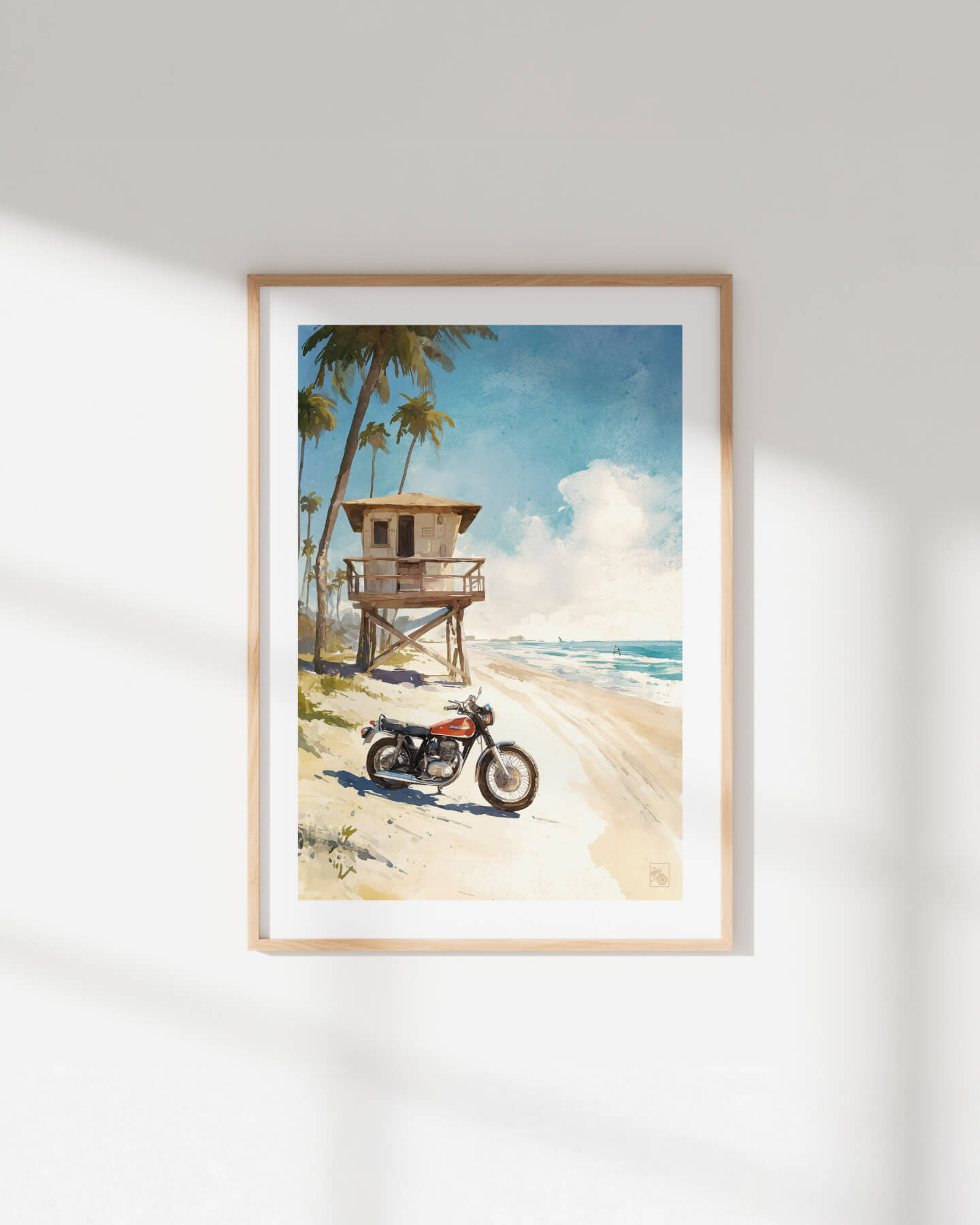 Affiche moto vintage américaine aquarelle plage Long Beach