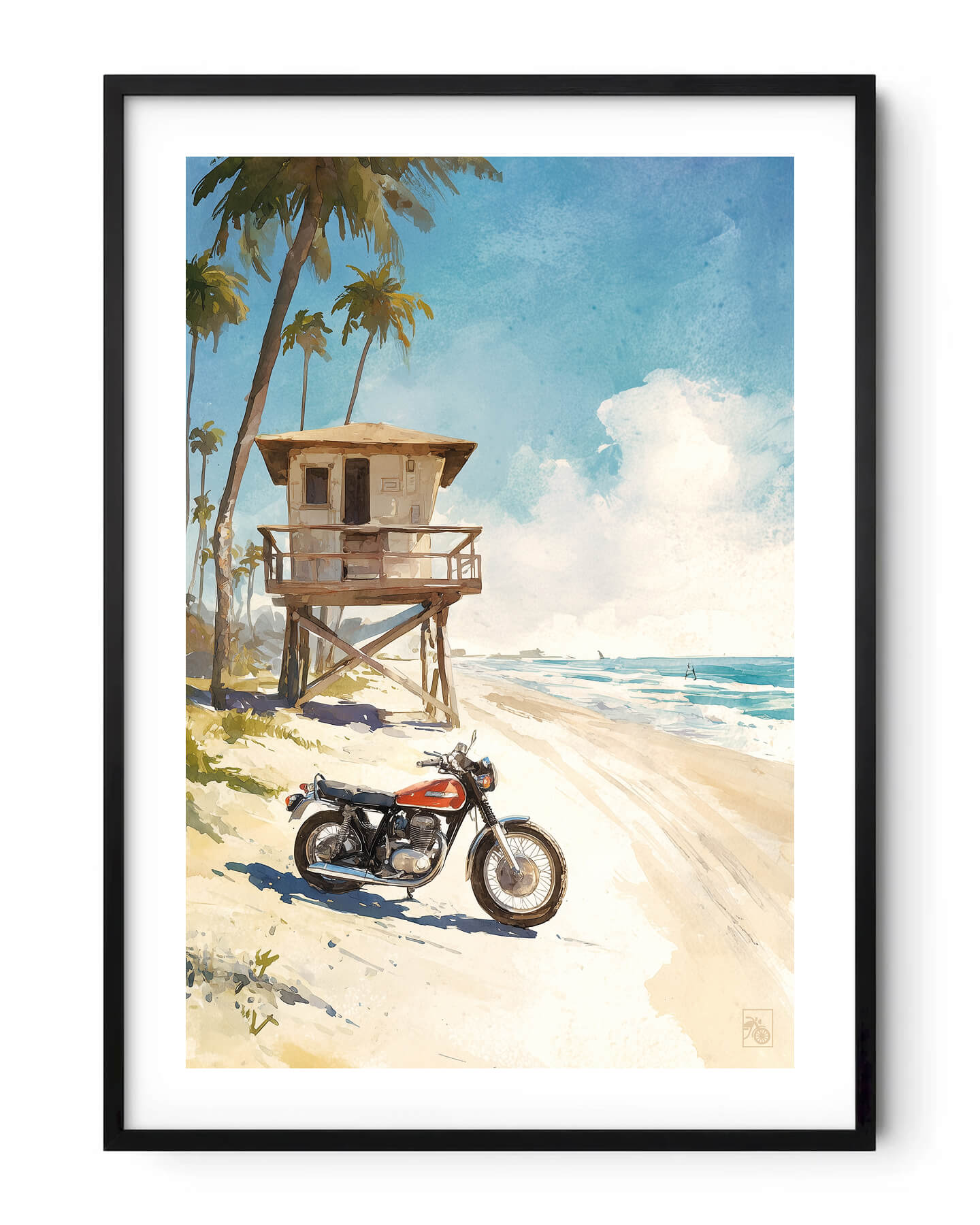 Affiche moto vintage américaine aquarelle plage Long Beach