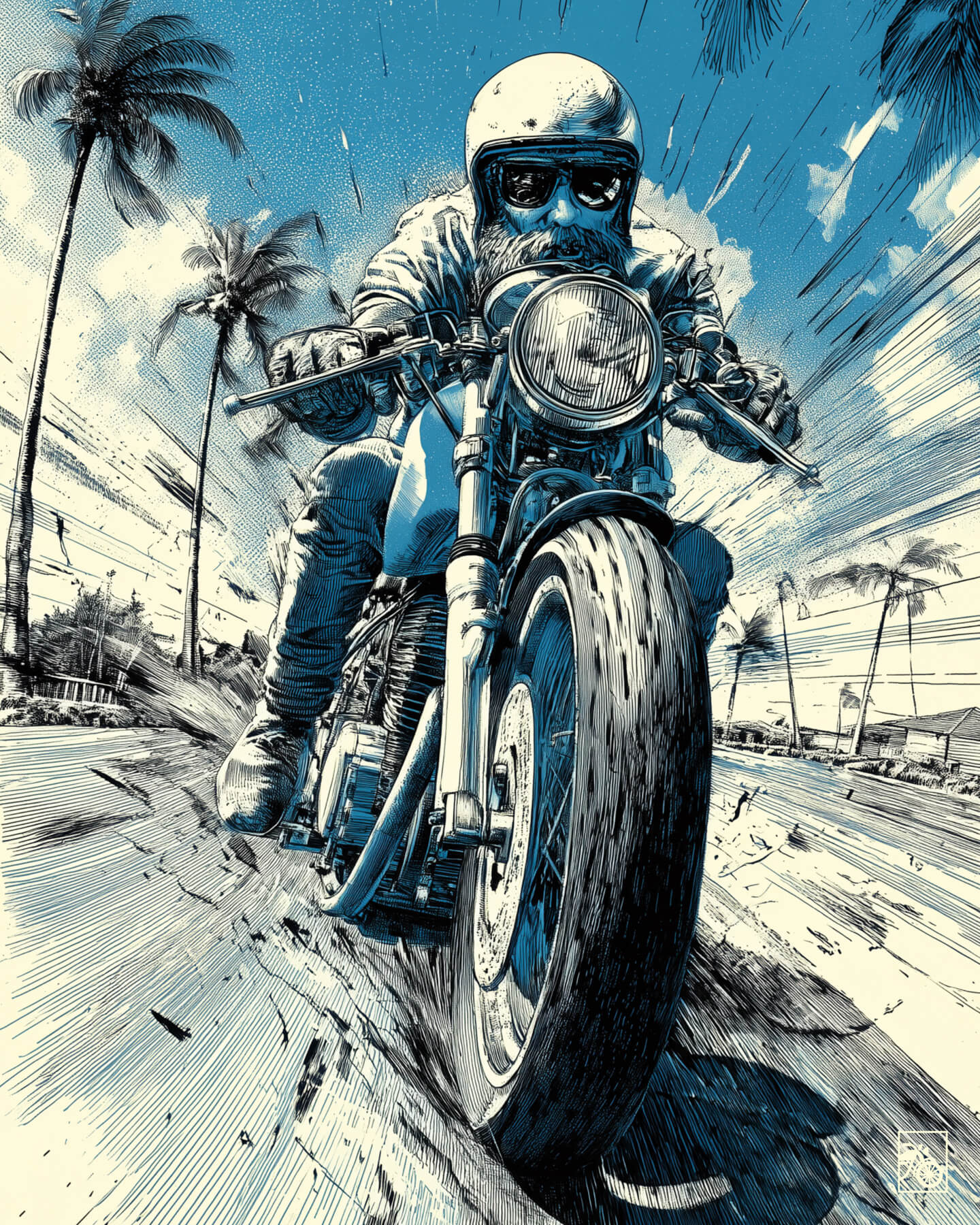 Affiche moto sportive vintage dessin bic bleu route West Coast