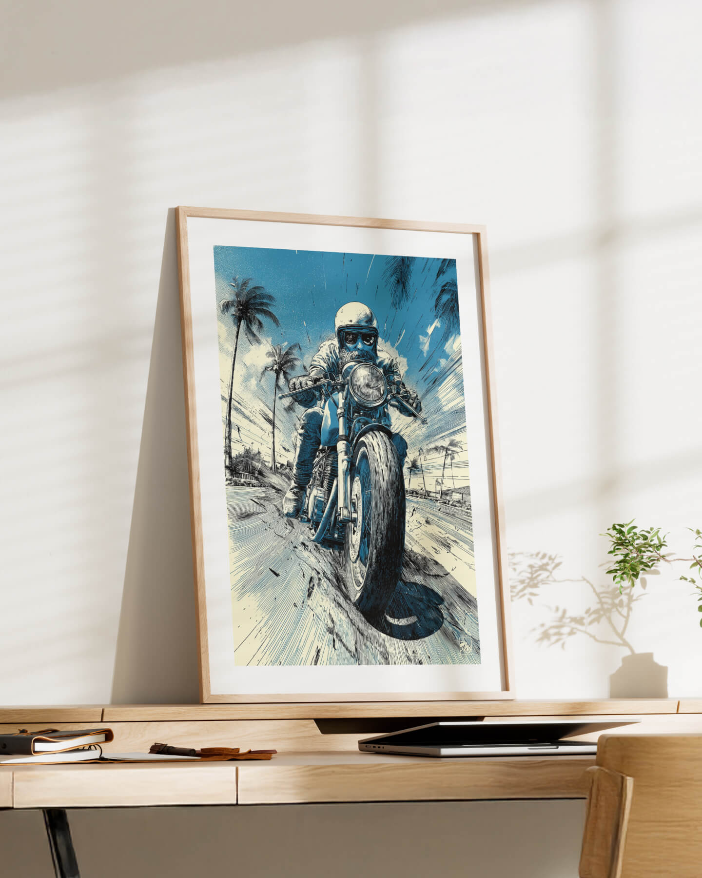 Affiche moto sportive vintage dessin bic bleu route West Coast
