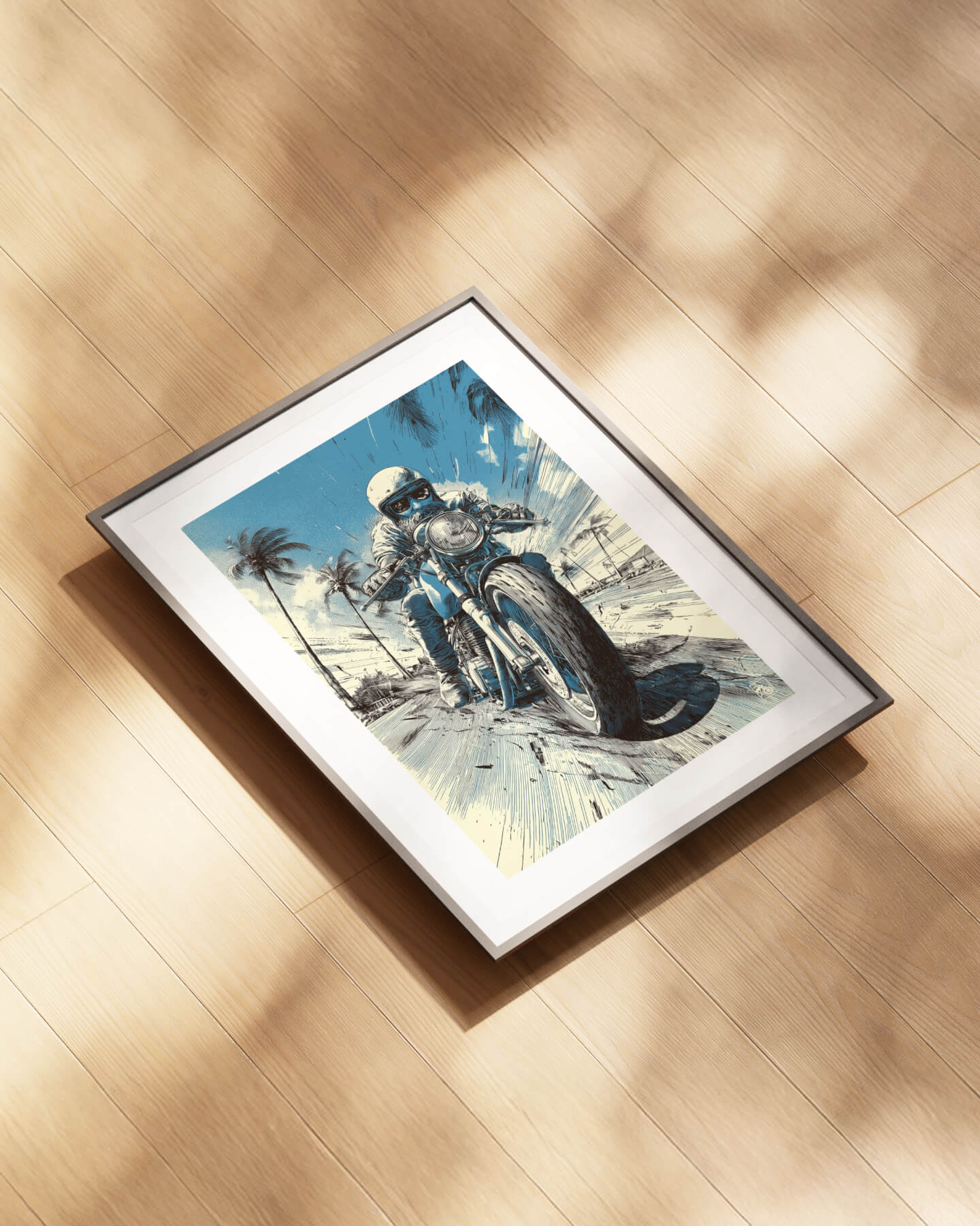 Affiche moto sportive vintage dessin bic bleu route West Coast