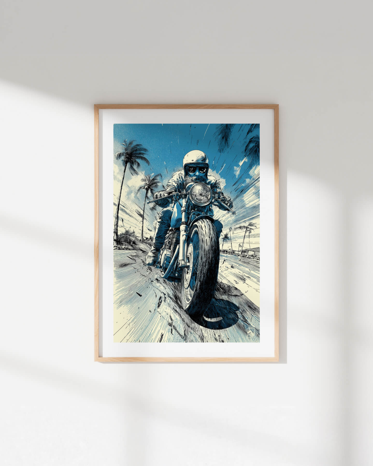 Affiche moto sportive vintage dessin bic bleu route West Coast