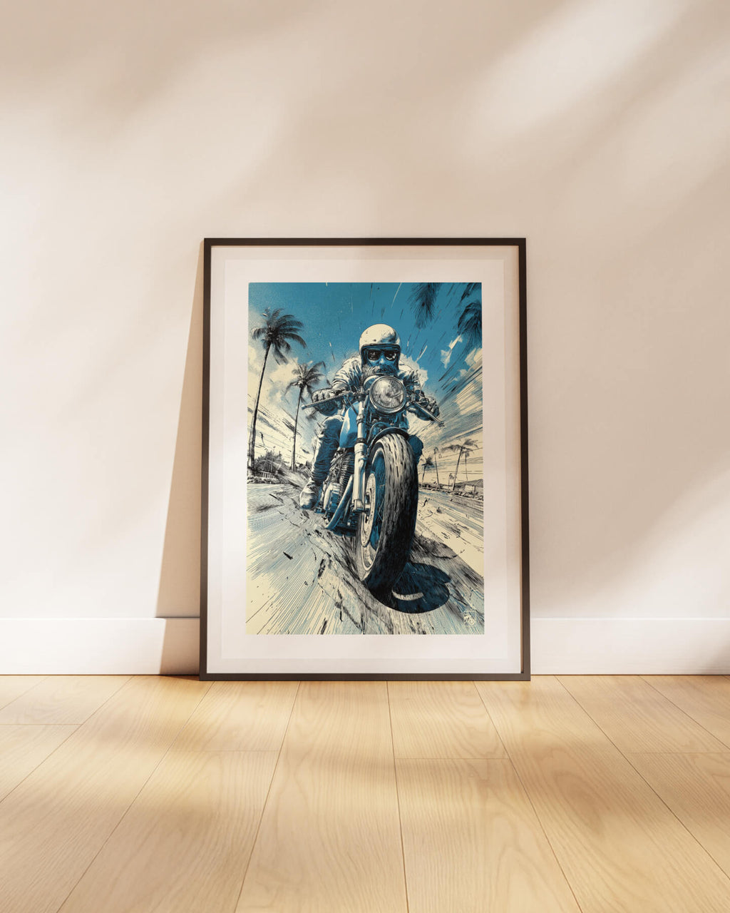 Affiche moto sportive vintage dessin bic bleu route West Coast