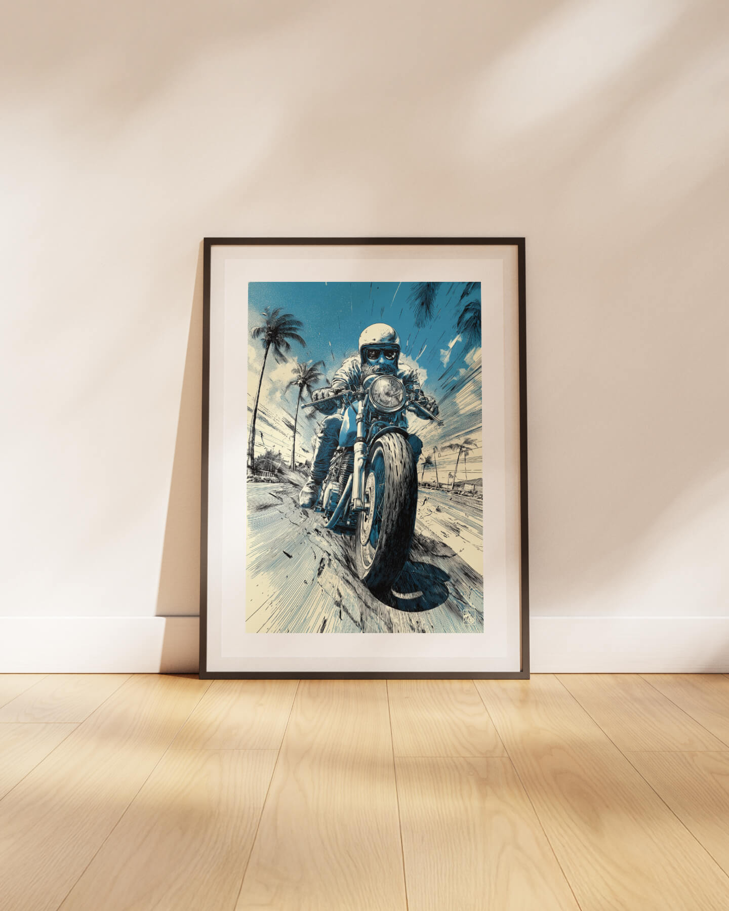 Affiche moto sportive vintage dessin bic bleu route West Coast
