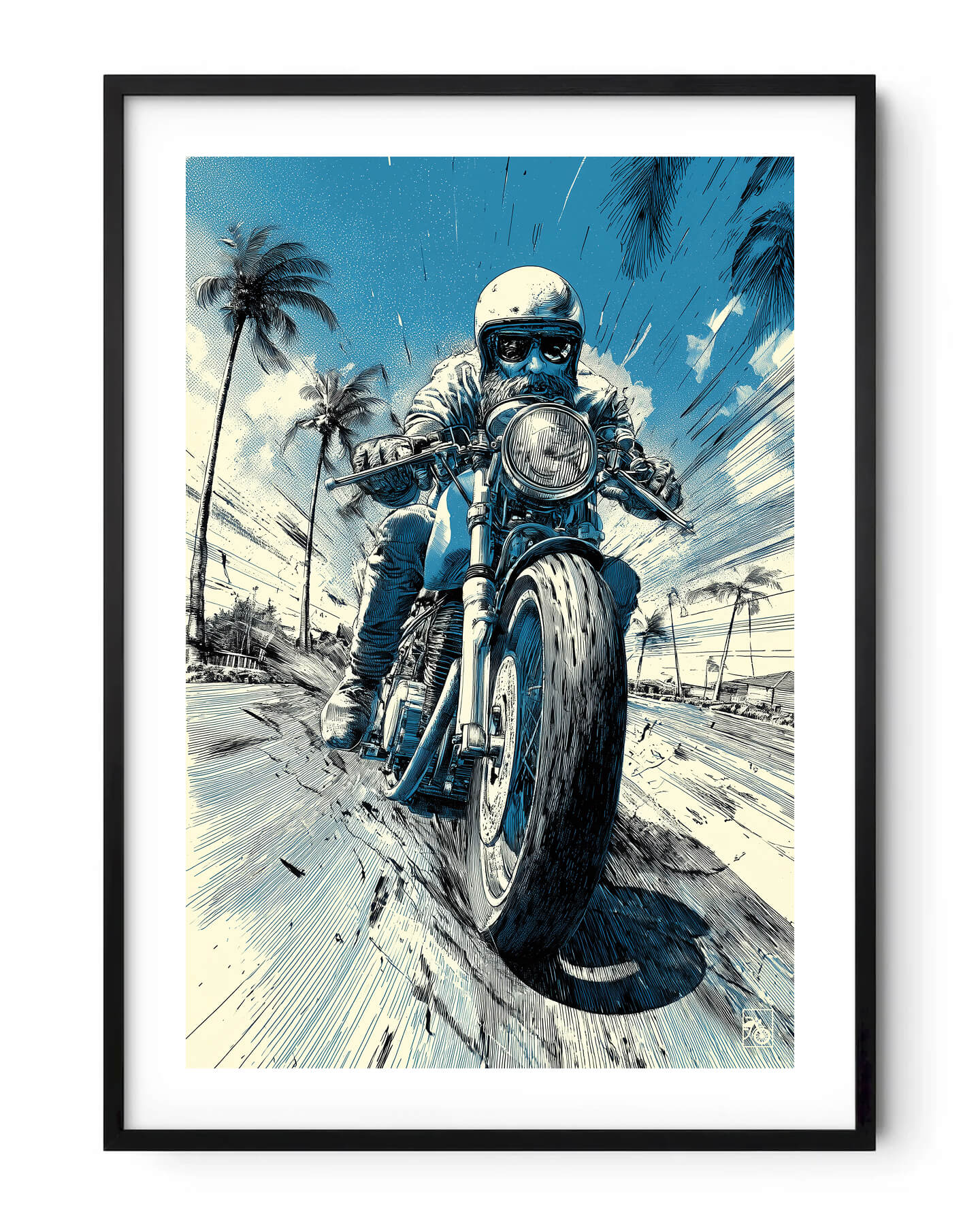 Affiche moto sportive vintage dessin bic bleu route West Coast