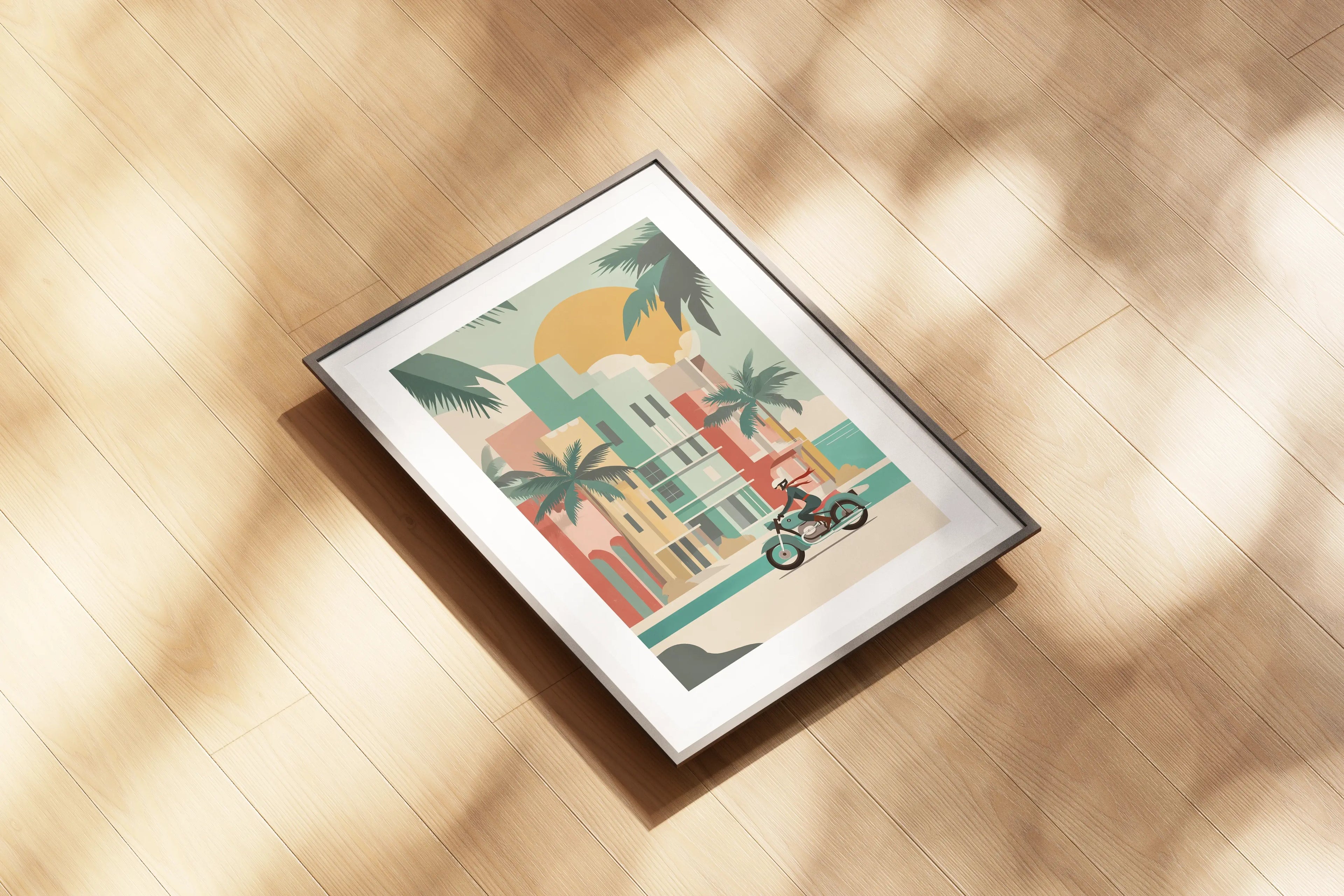 Affiche moto BMW Art Déco Miami posée au sol dans cadre noir avec effet de lumière.