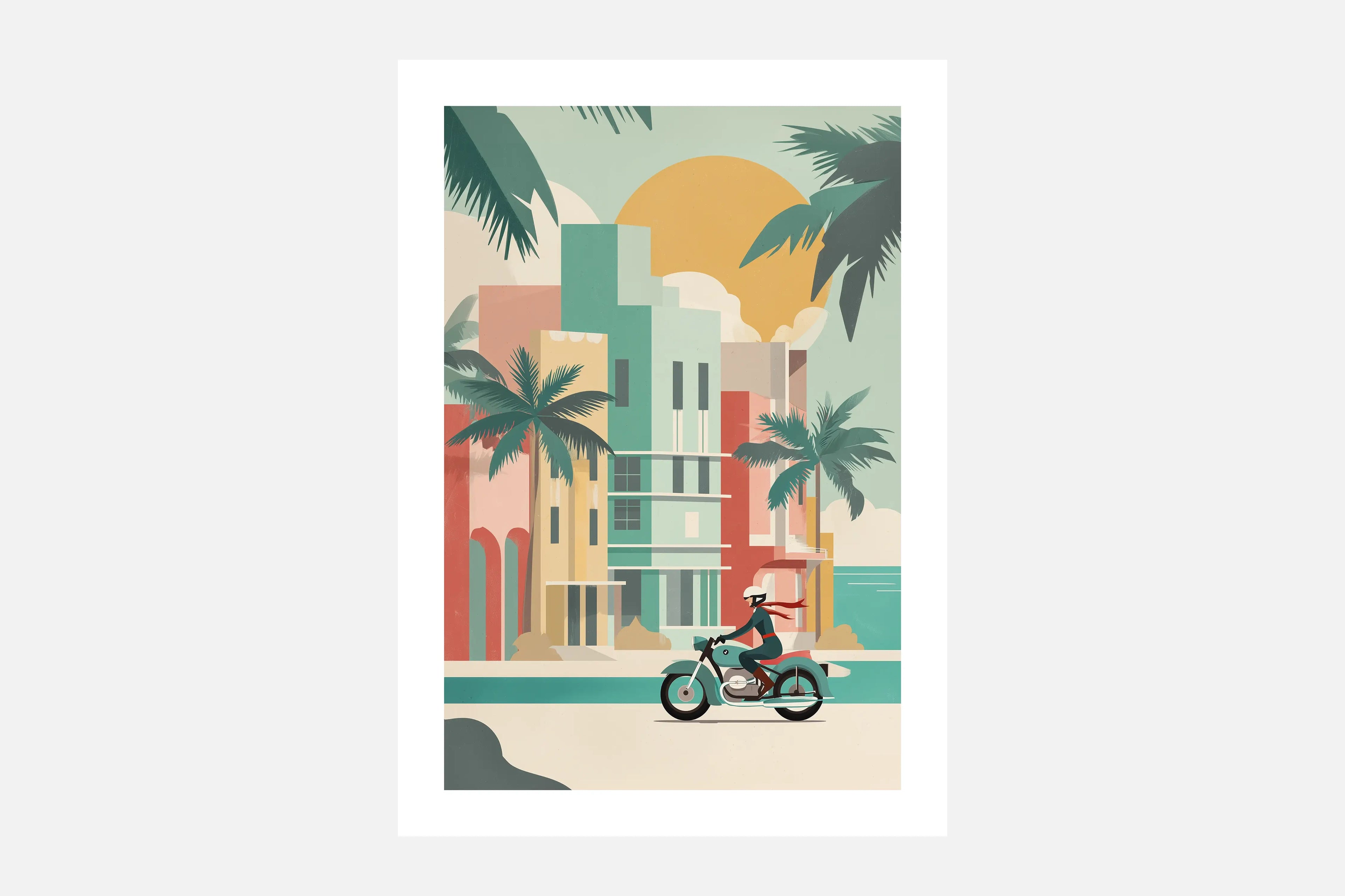 Affiche A3 moto BMW Twin style Art Déco à Miami Ocean Drive avec bâtiments pastel et palmiers.