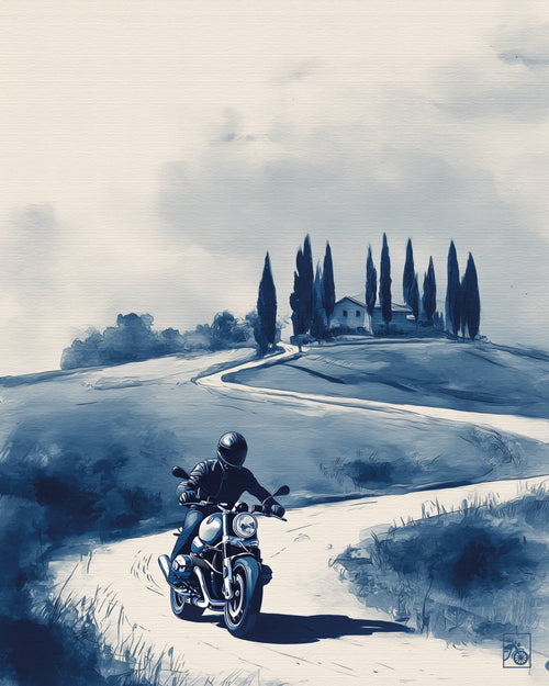 Affiche moto BMW R NineT encre chinoise campagne toscane