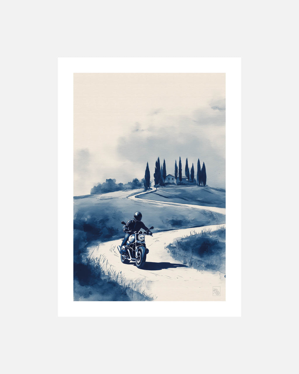 Affiche moto BMW R NineT encre chinoise campagne toscane