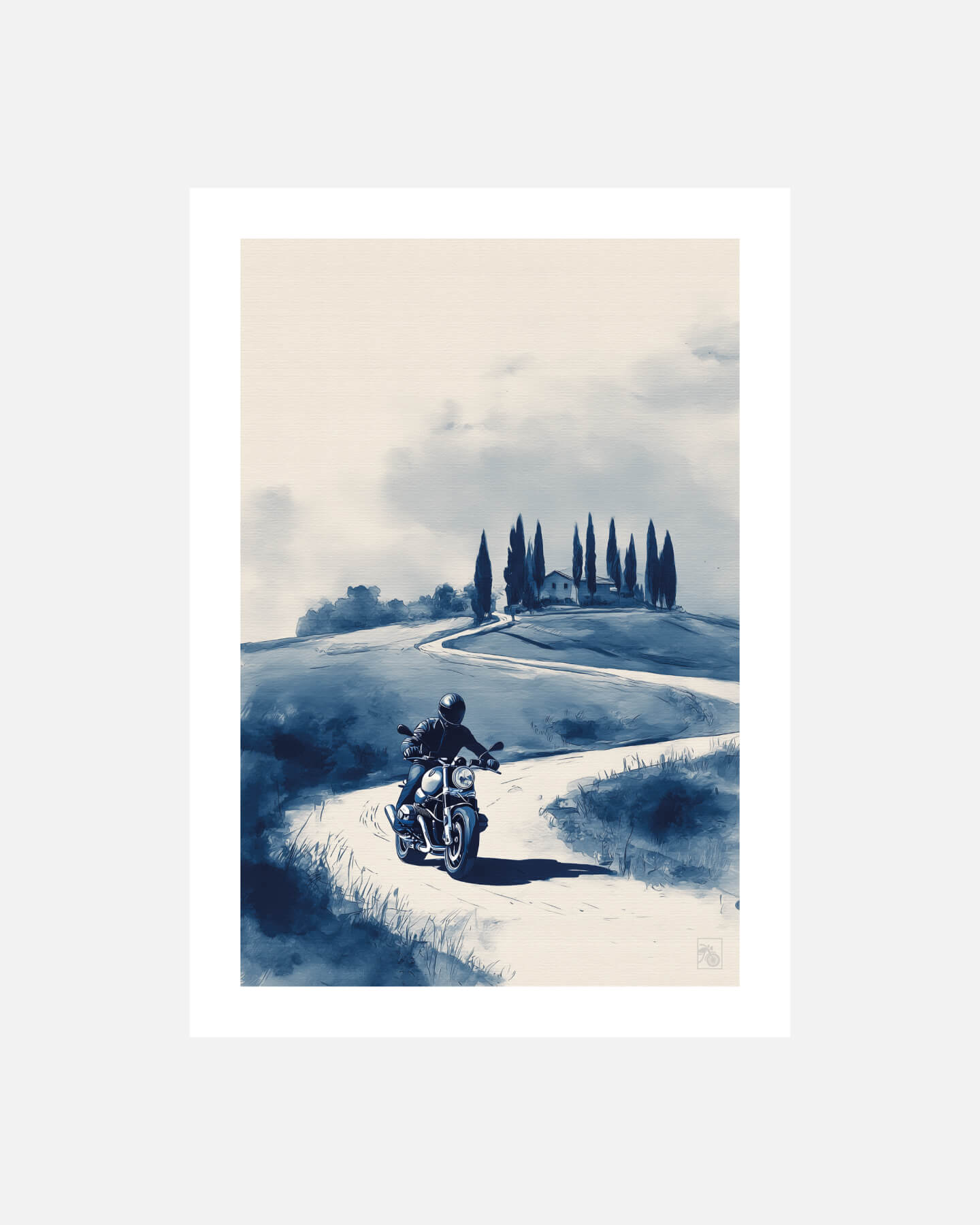 Affiche moto BMW R NineT encre chinoise campagne toscane