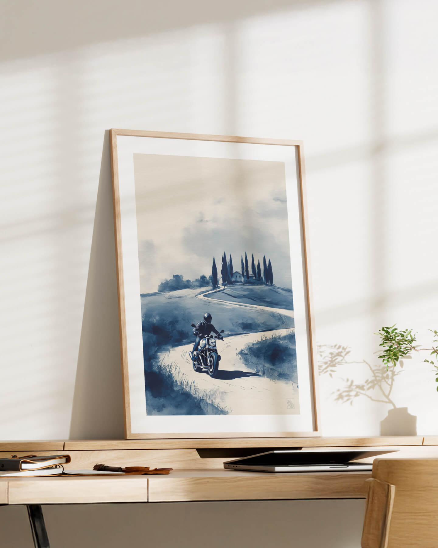 Affiche moto BMW R NineT encre chinoise campagne toscane