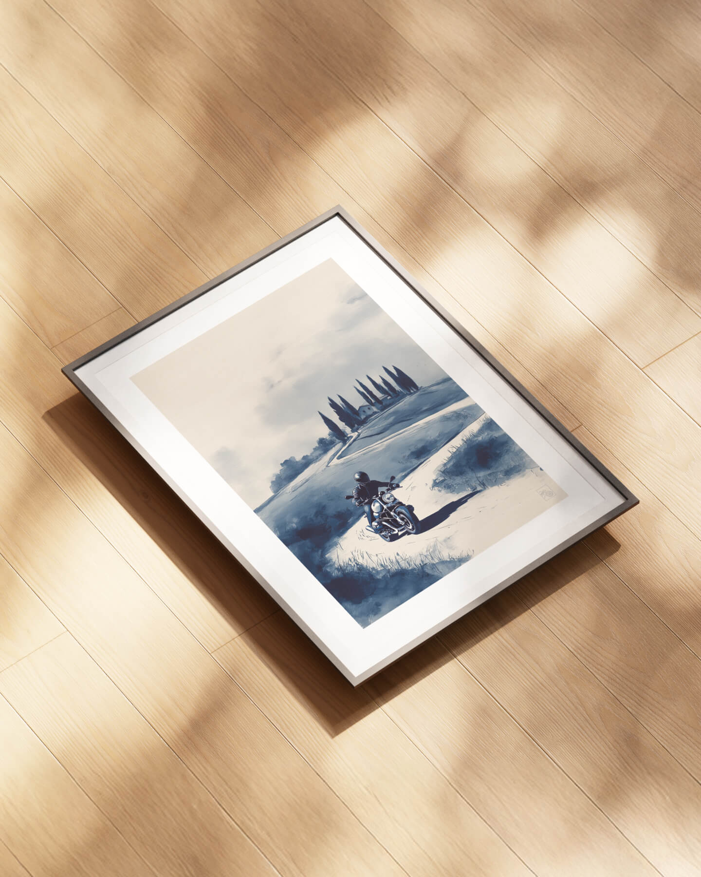 Affiche moto BMW R NineT encre chinoise campagne toscane