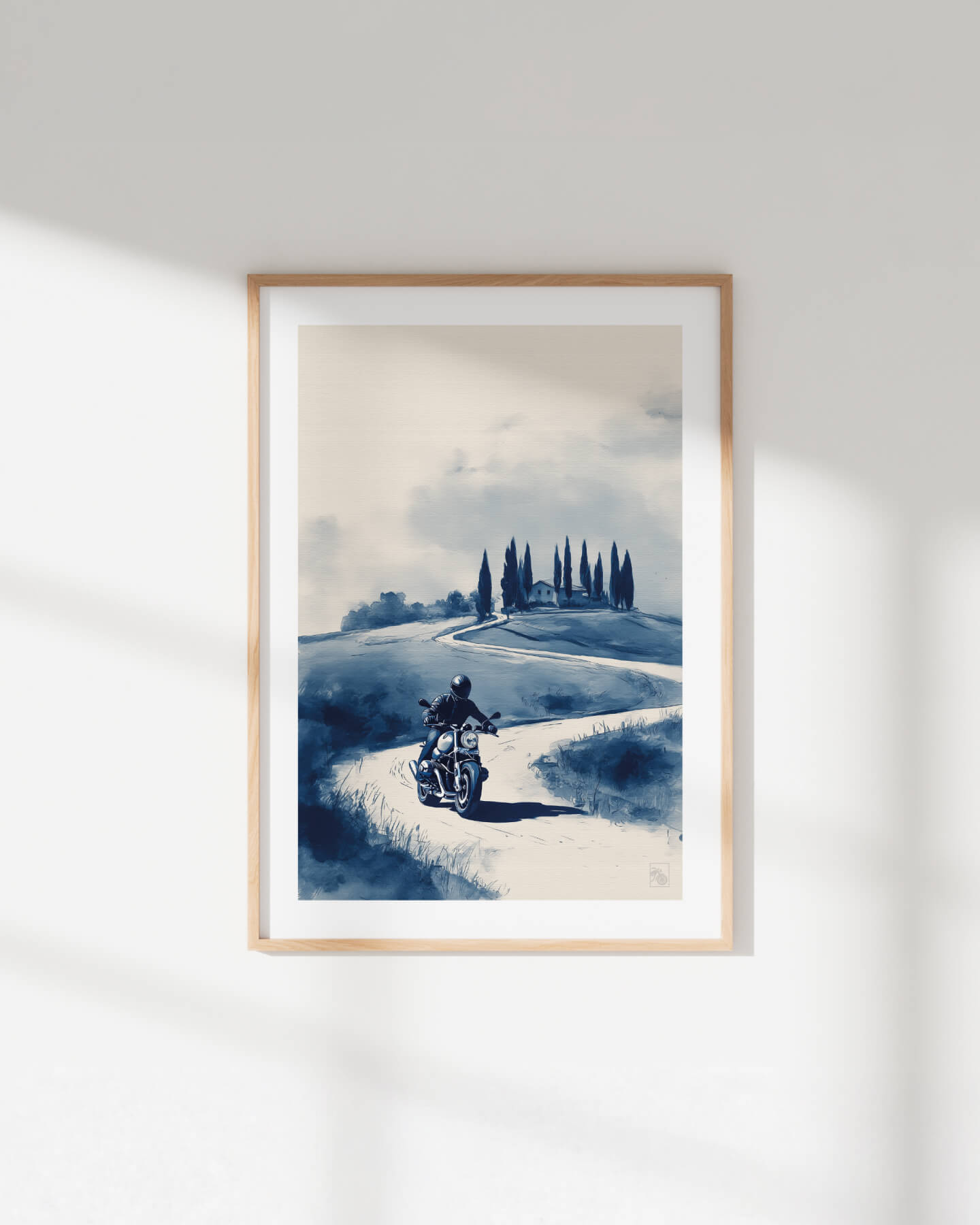 Affiche moto BMW R NineT encre chinoise campagne toscane