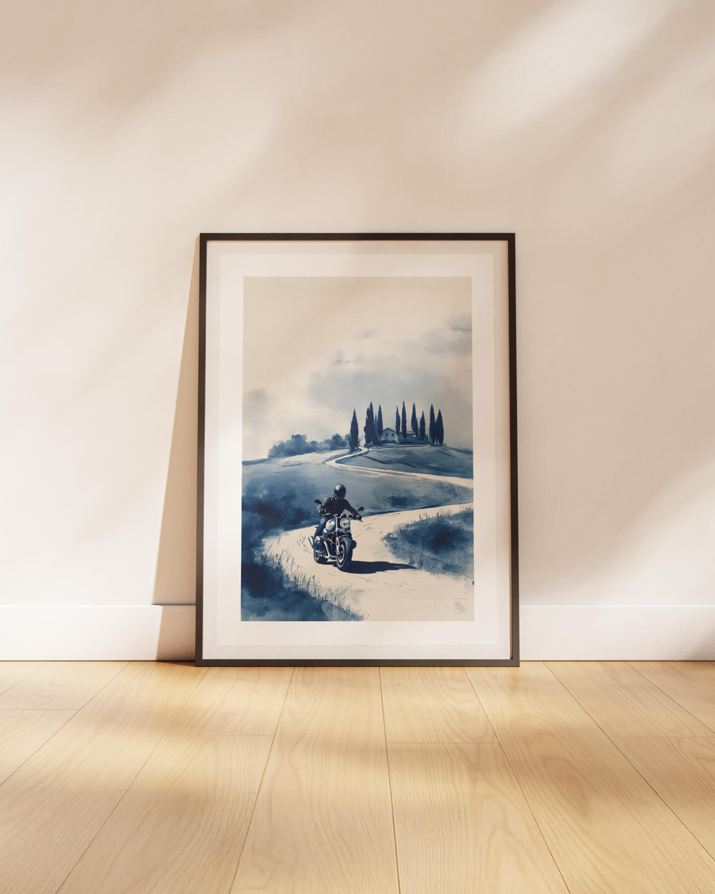 Affiche moto BMW R NineT encre chinoise campagne toscane