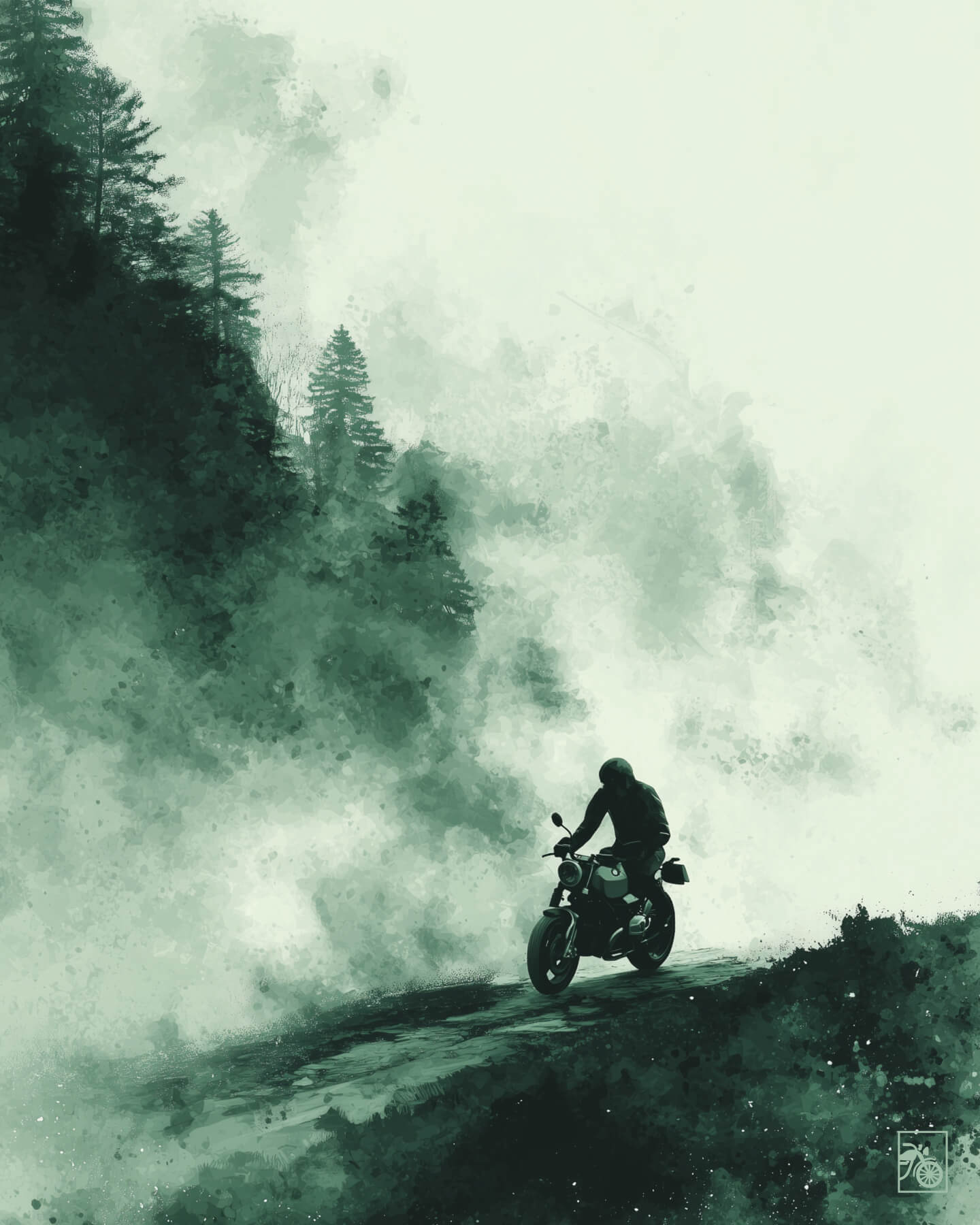 Affiche moto BMW R NineT encre chinoise route forêt brumeuse
