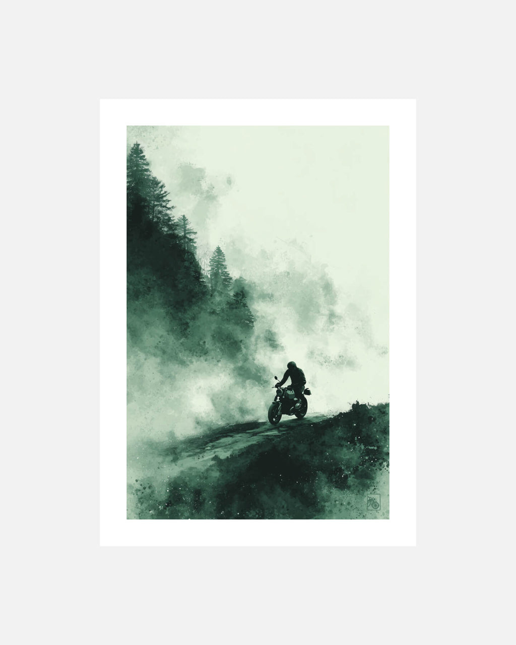 Affiche moto BMW R NineT encre chinoise route forêt brumeuse