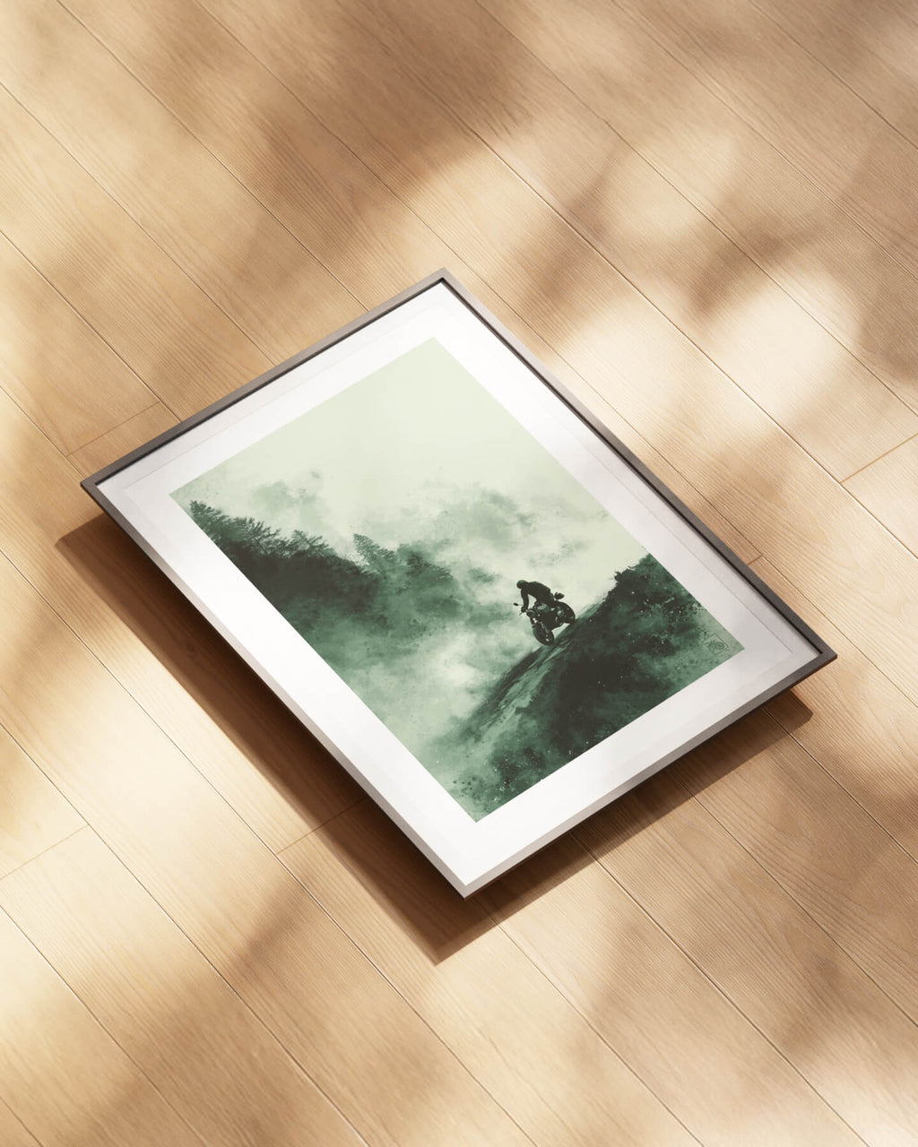 Affiche moto BMW R NineT encre chinoise route forêt brumeuse