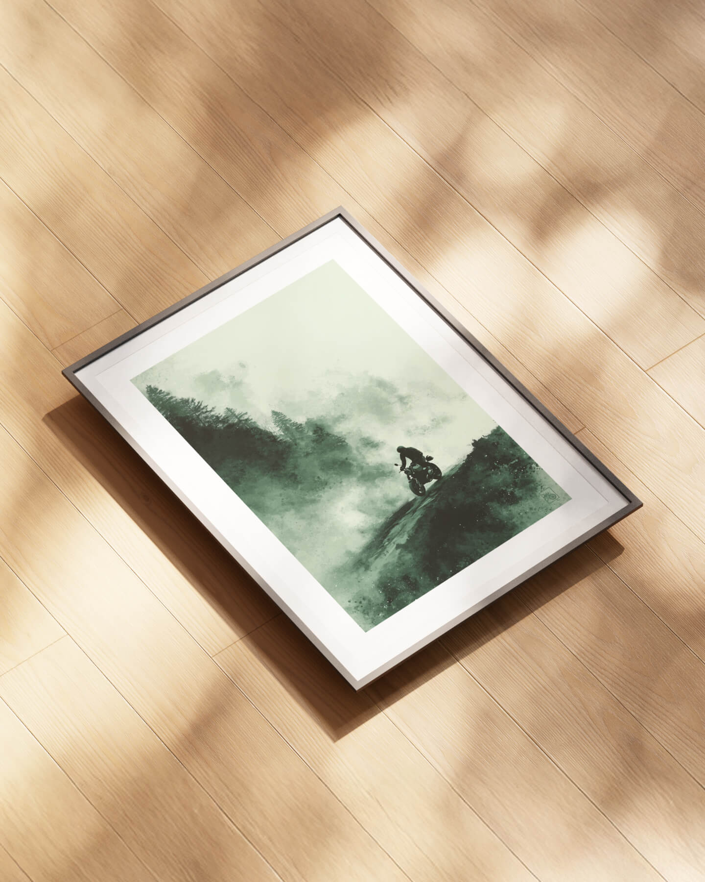 Affiche moto BMW R NineT encre chinoise route forêt brumeuse