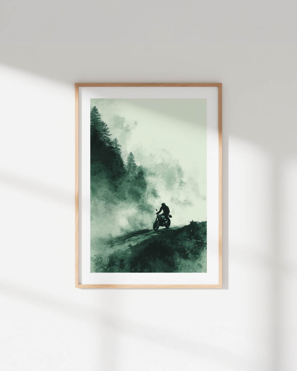 Affiche moto BMW R NineT encre chinoise route forêt brumeuse