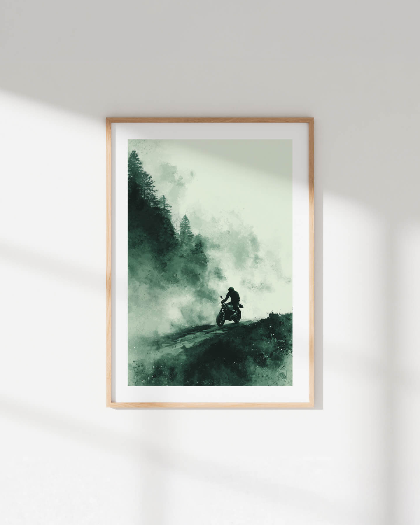 Affiche moto BMW R NineT encre chinoise route forêt brumeuse