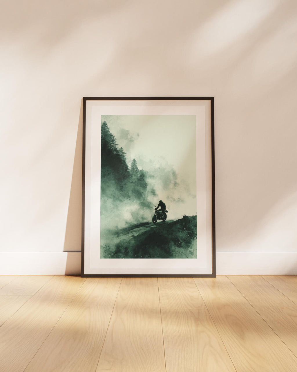 Affiche moto BMW R NineT encre chinoise route forêt brumeuse