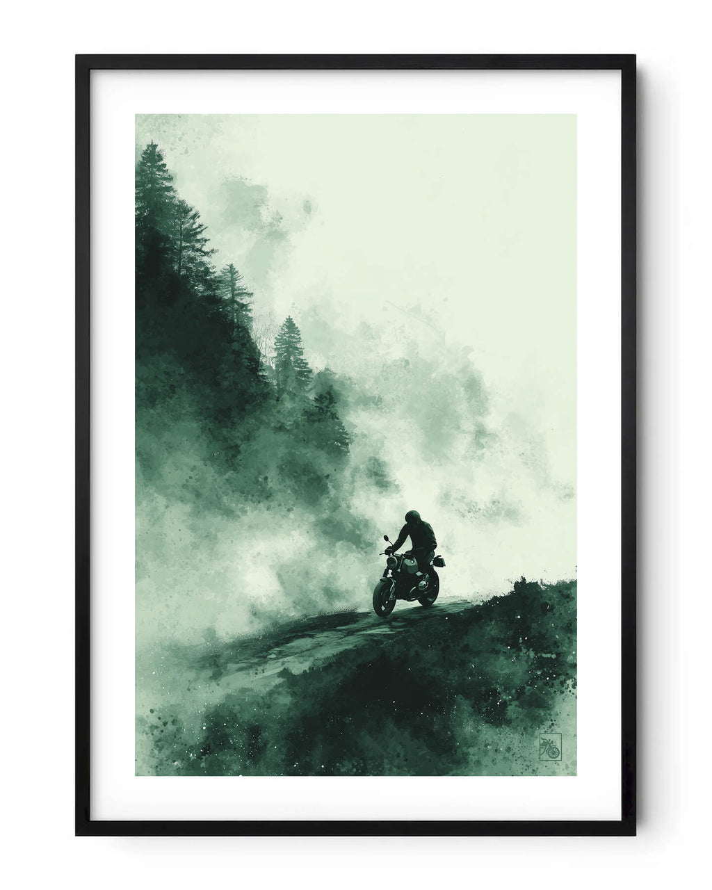Affiche moto BMW R NineT encre chinoise route forêt brumeuse
