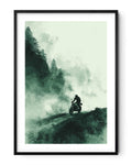 Affiche moto BMW R NineT encre chinoise route forêt brumeuse