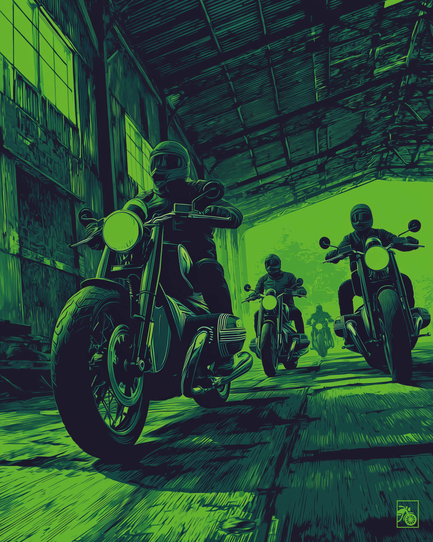 Affiche moto BMW R18 pixel art hangar industriel