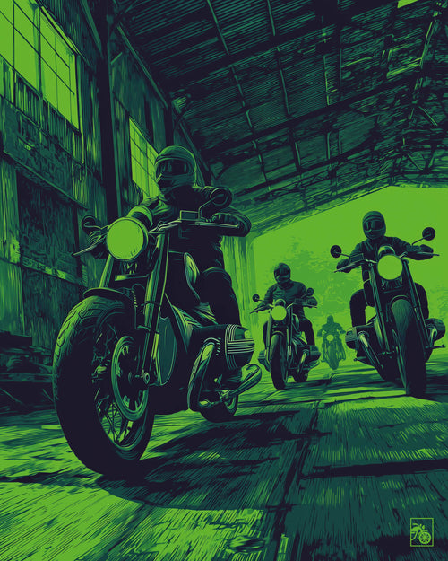 Affiche moto BMW R18 pixel art hangar industriel