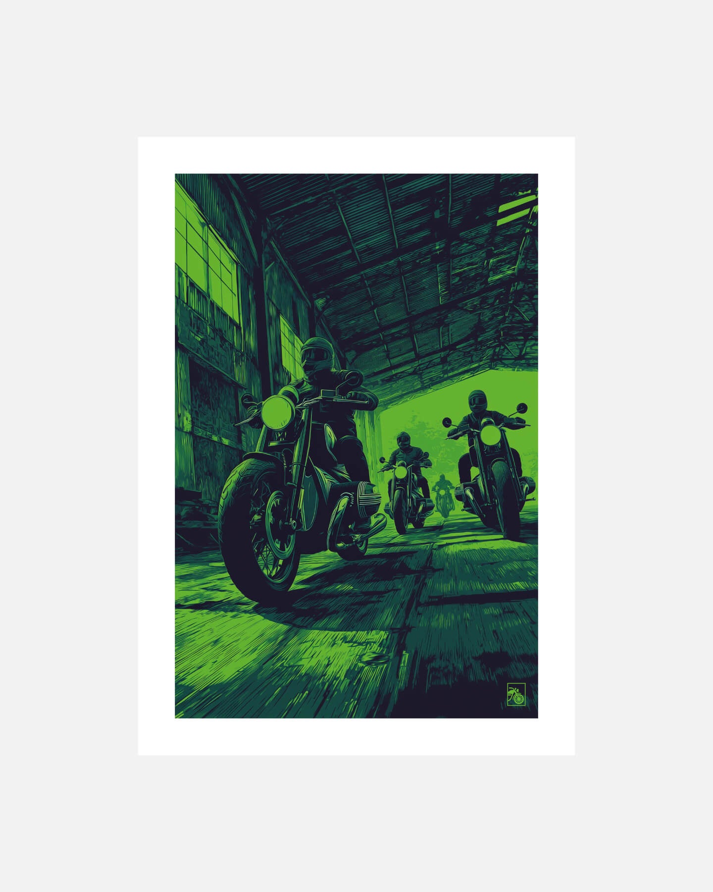 Affiche moto BMW R18 pixel art hangar industriel