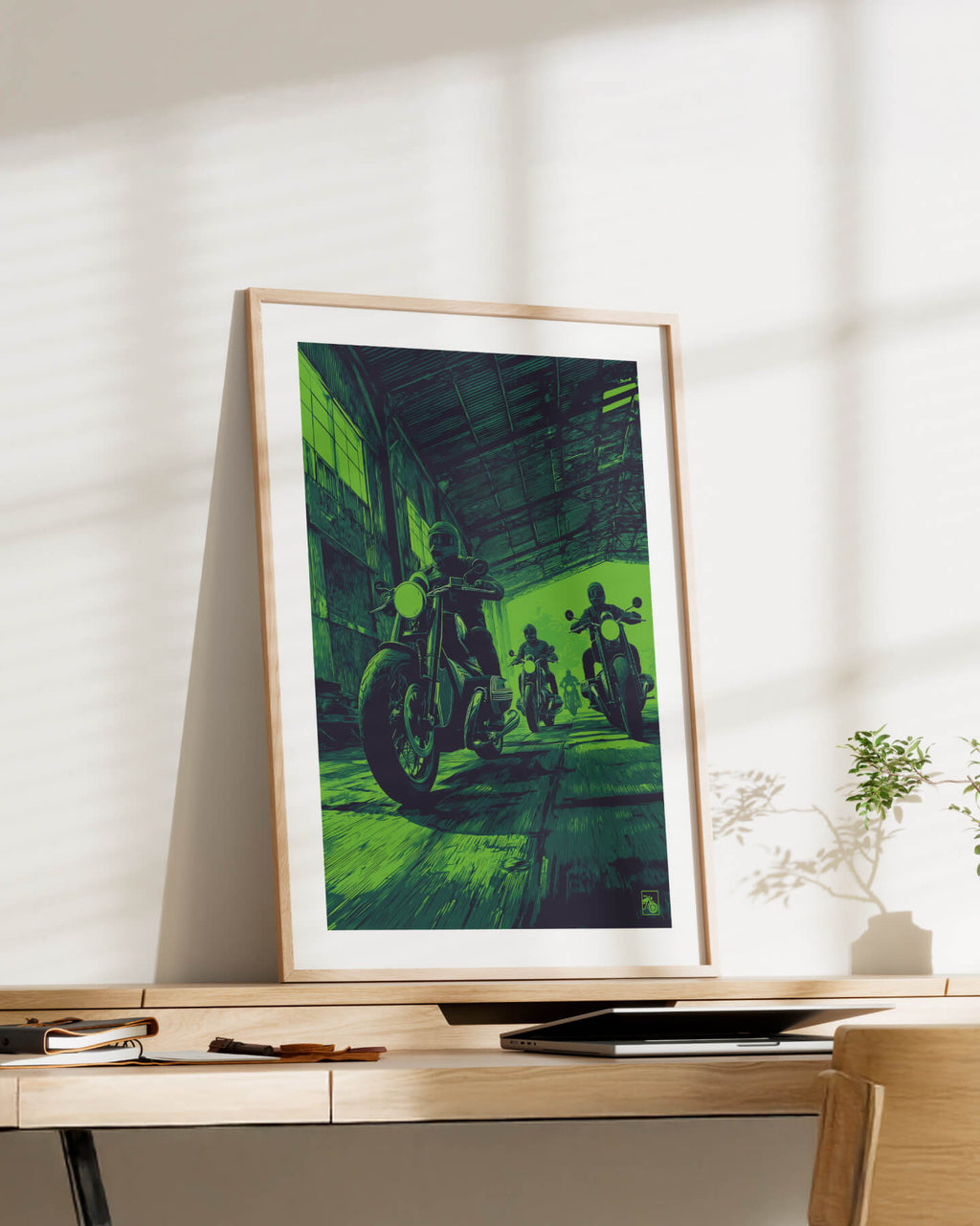 Affiche moto BMW R18 pixel art hangar industriel