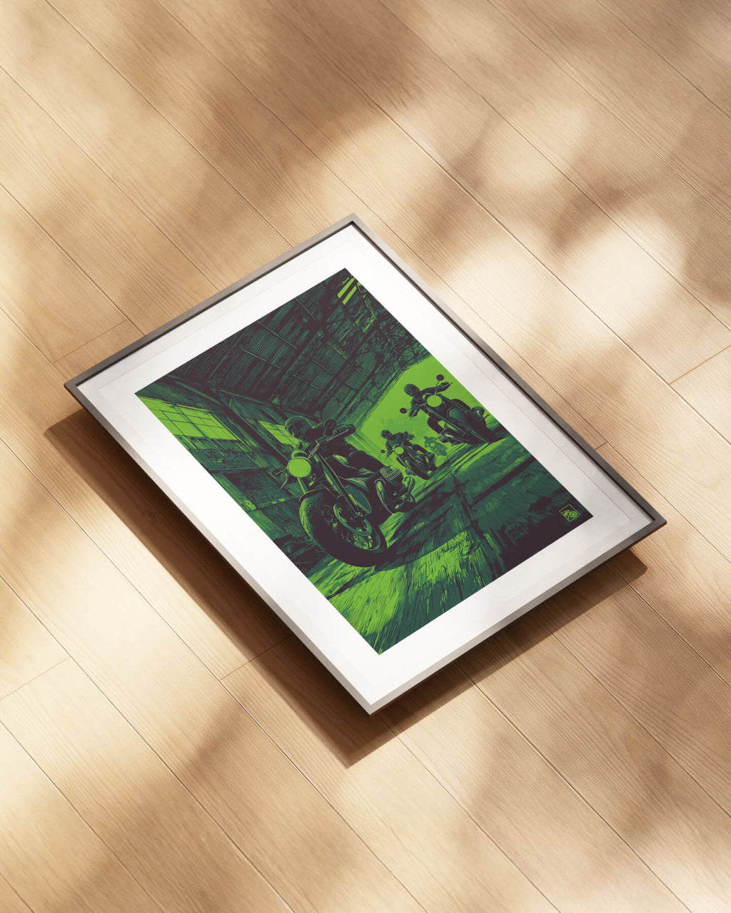 Affiche moto BMW R18 pixel art hangar industriel