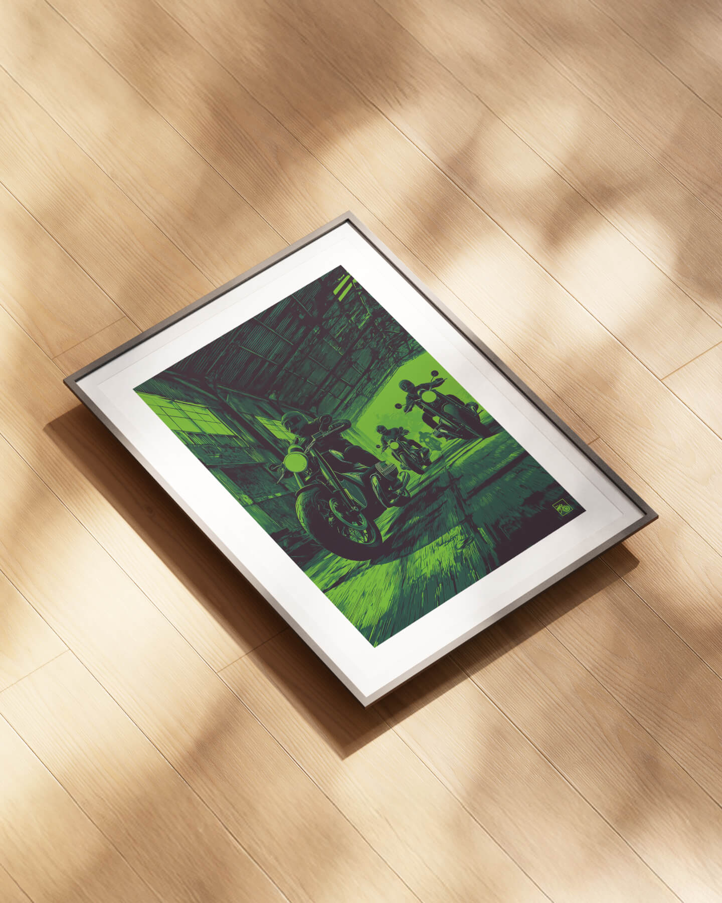 Affiche moto BMW R18 pixel art hangar industriel