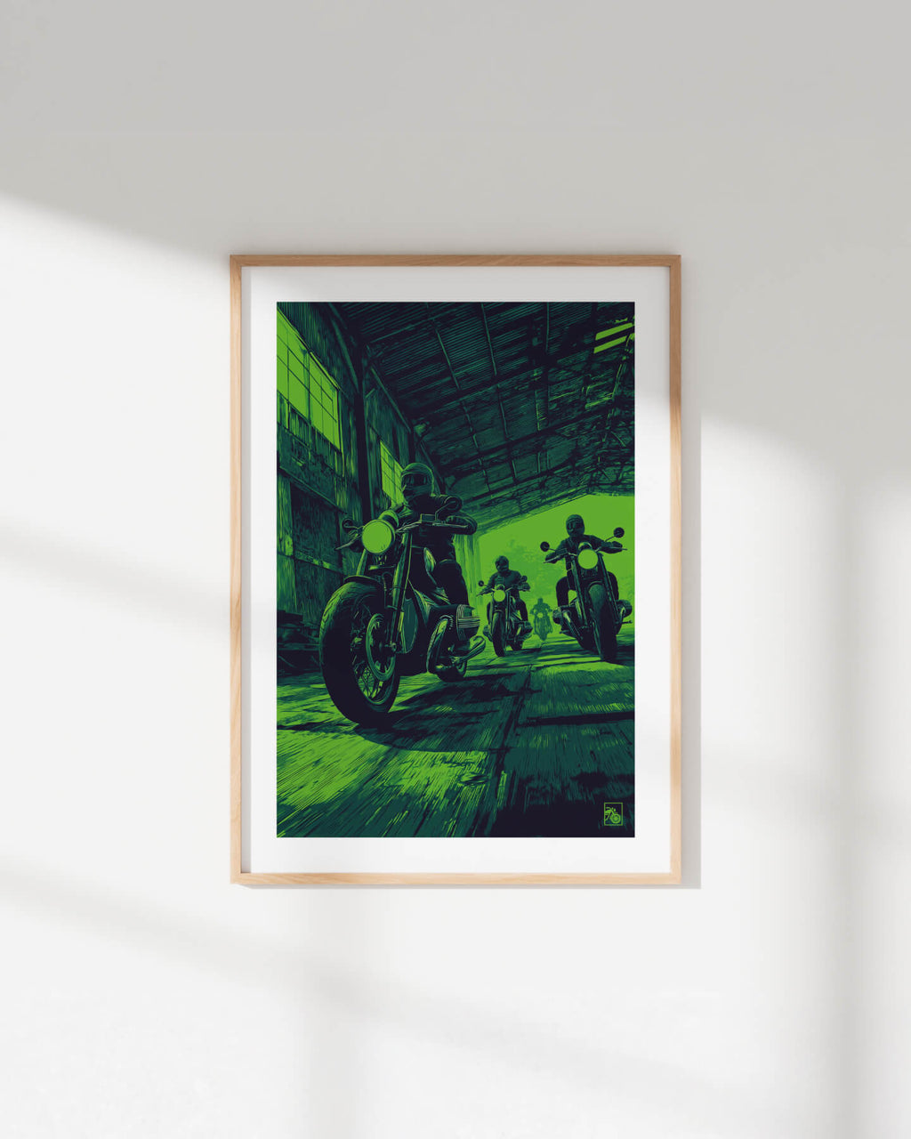 Affiche moto BMW R18 pixel art hangar industriel