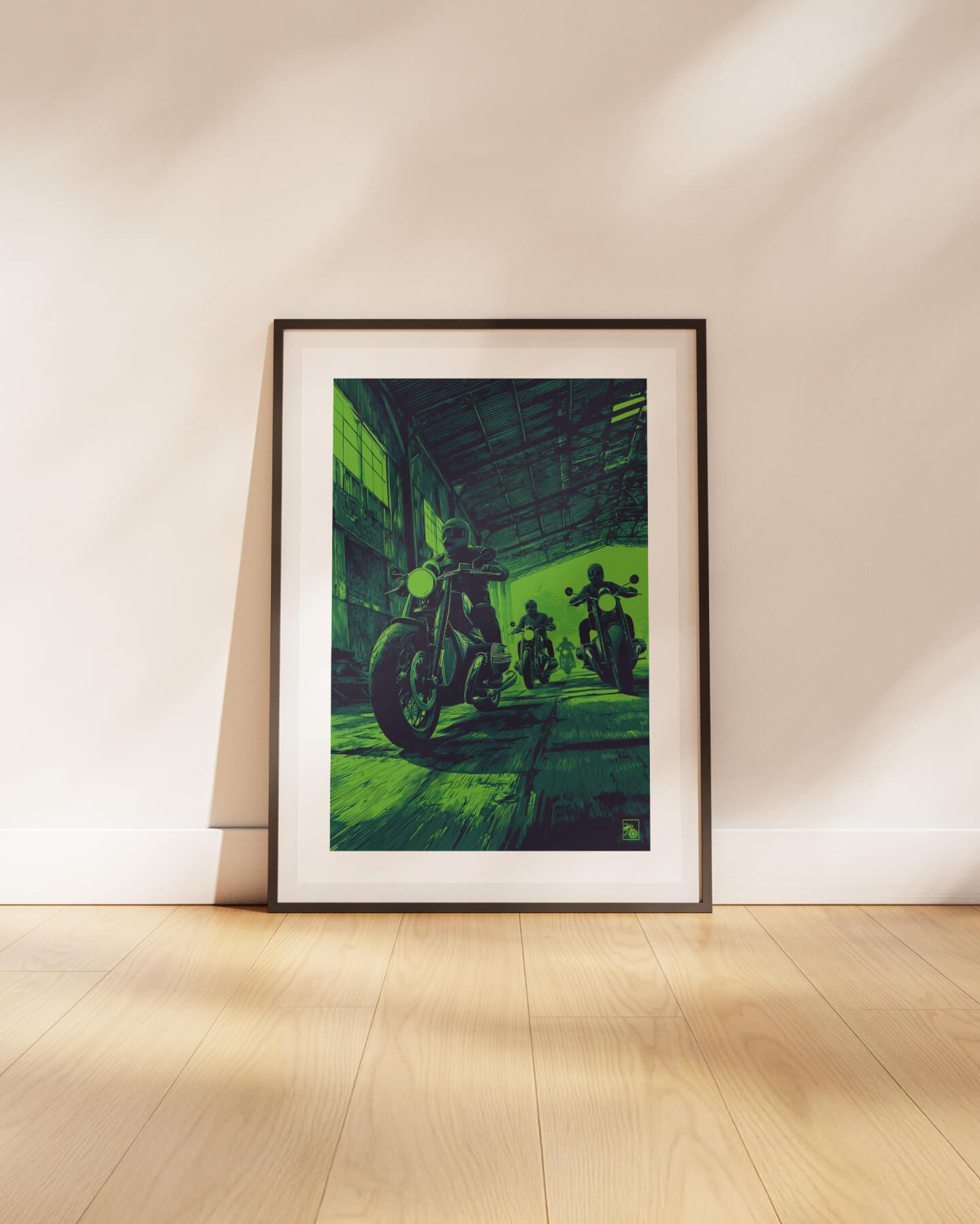 Affiche moto BMW R18 pixel art hangar industriel