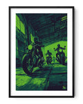 Affiche moto BMW R18 pixel art hangar industriel
