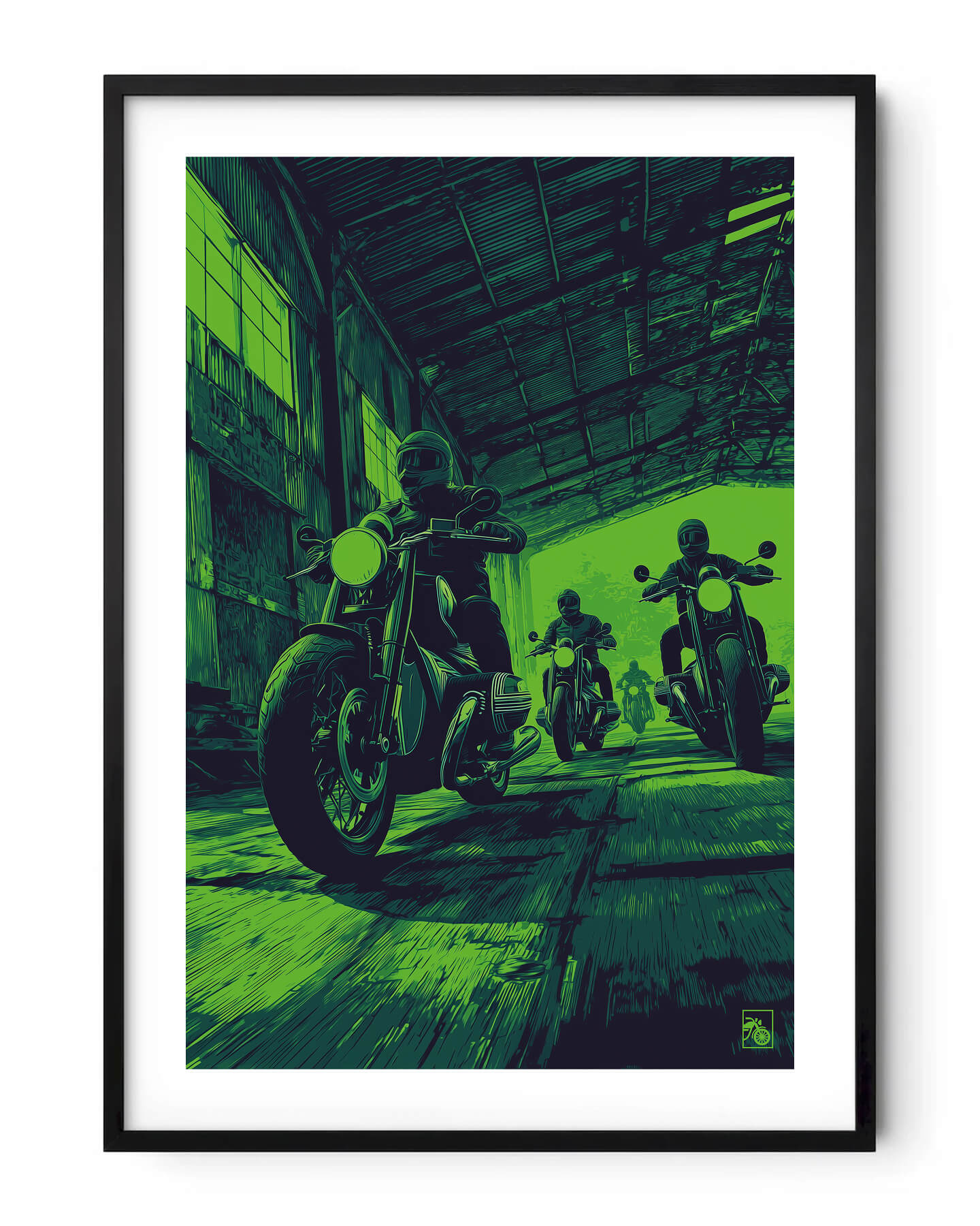 Affiche moto BMW R18 pixel art hangar industriel